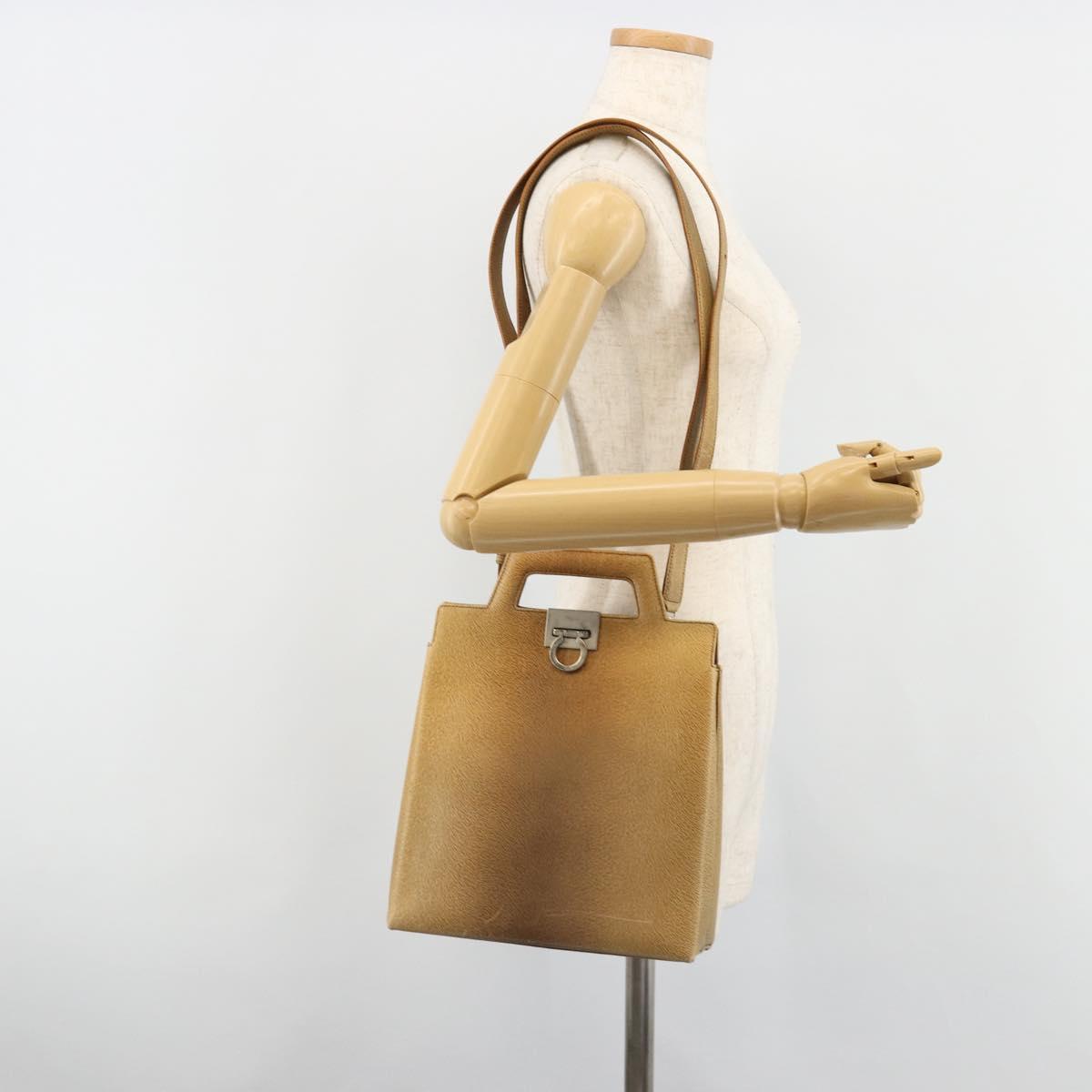 Salvatore Ferragamo Gancini Shoulder Bag Leather Beige Silver Auth 185544