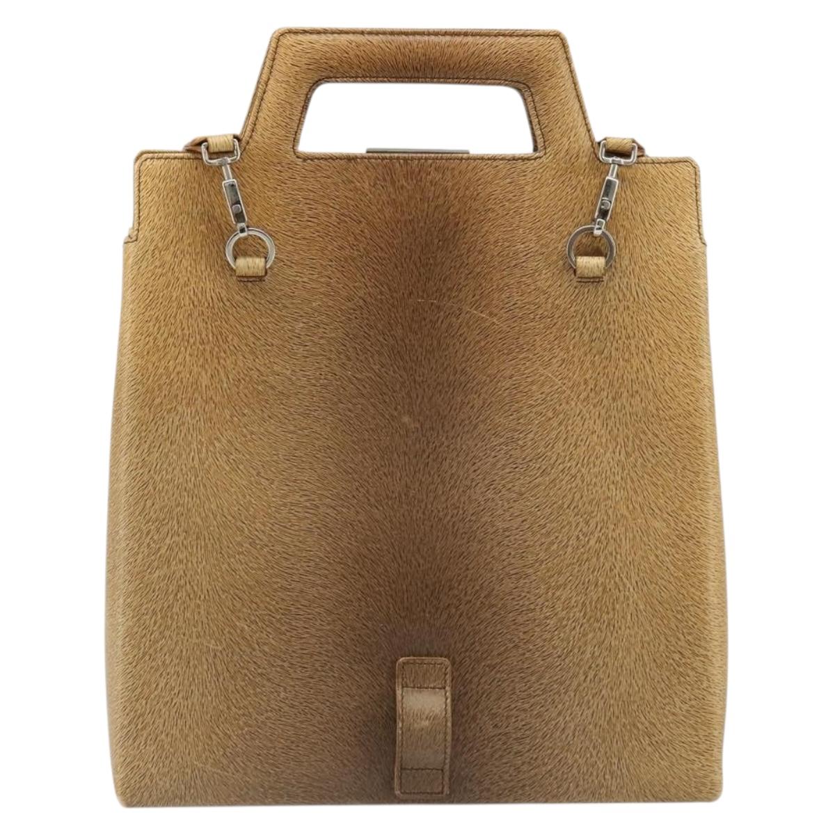 Salvatore Ferragamo Gancini Shoulder Bag Leather Beige Silver Auth 185544