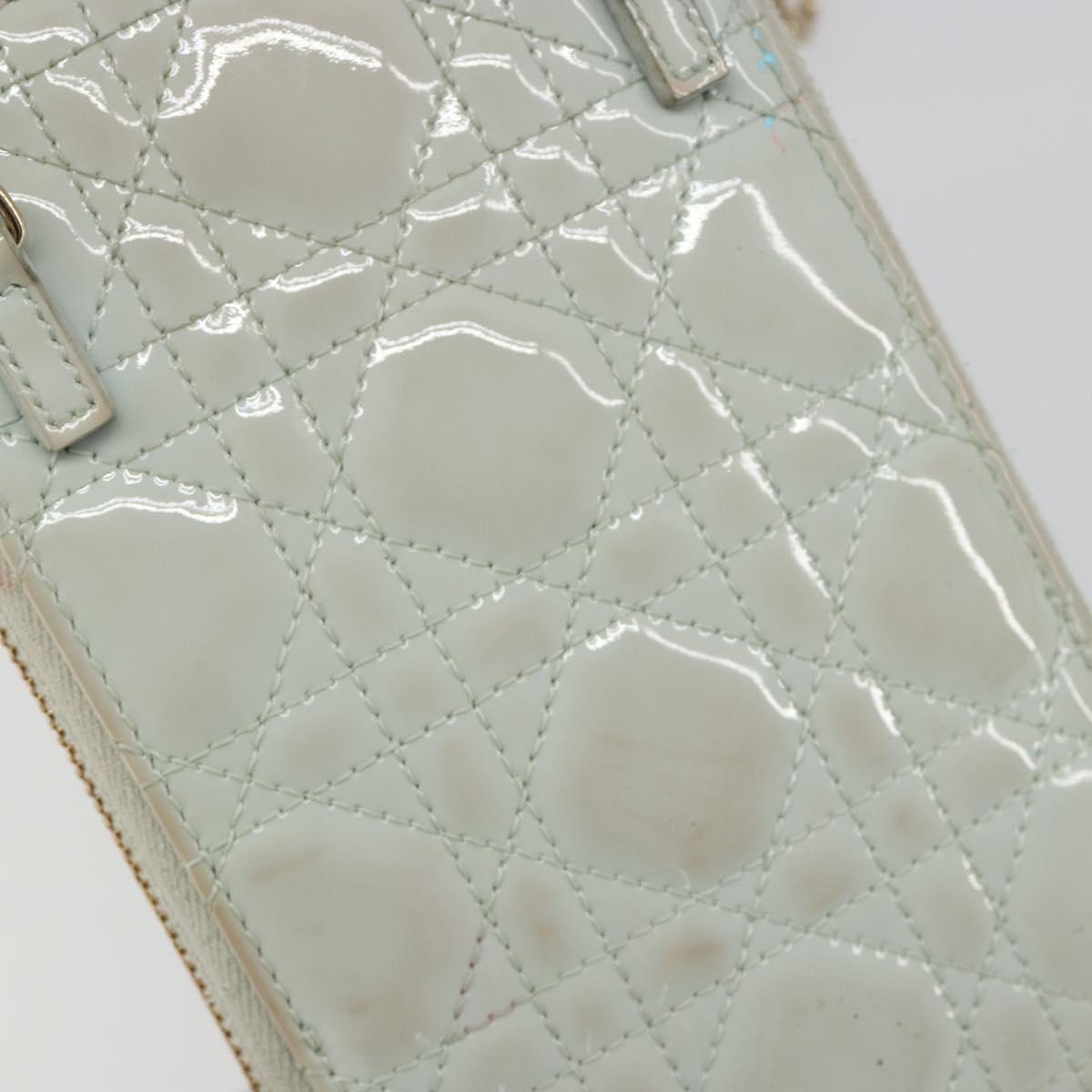 Christian Dior Cannage Phone Pouch Chain Bag Patent Light Blue Gold Auth 185556