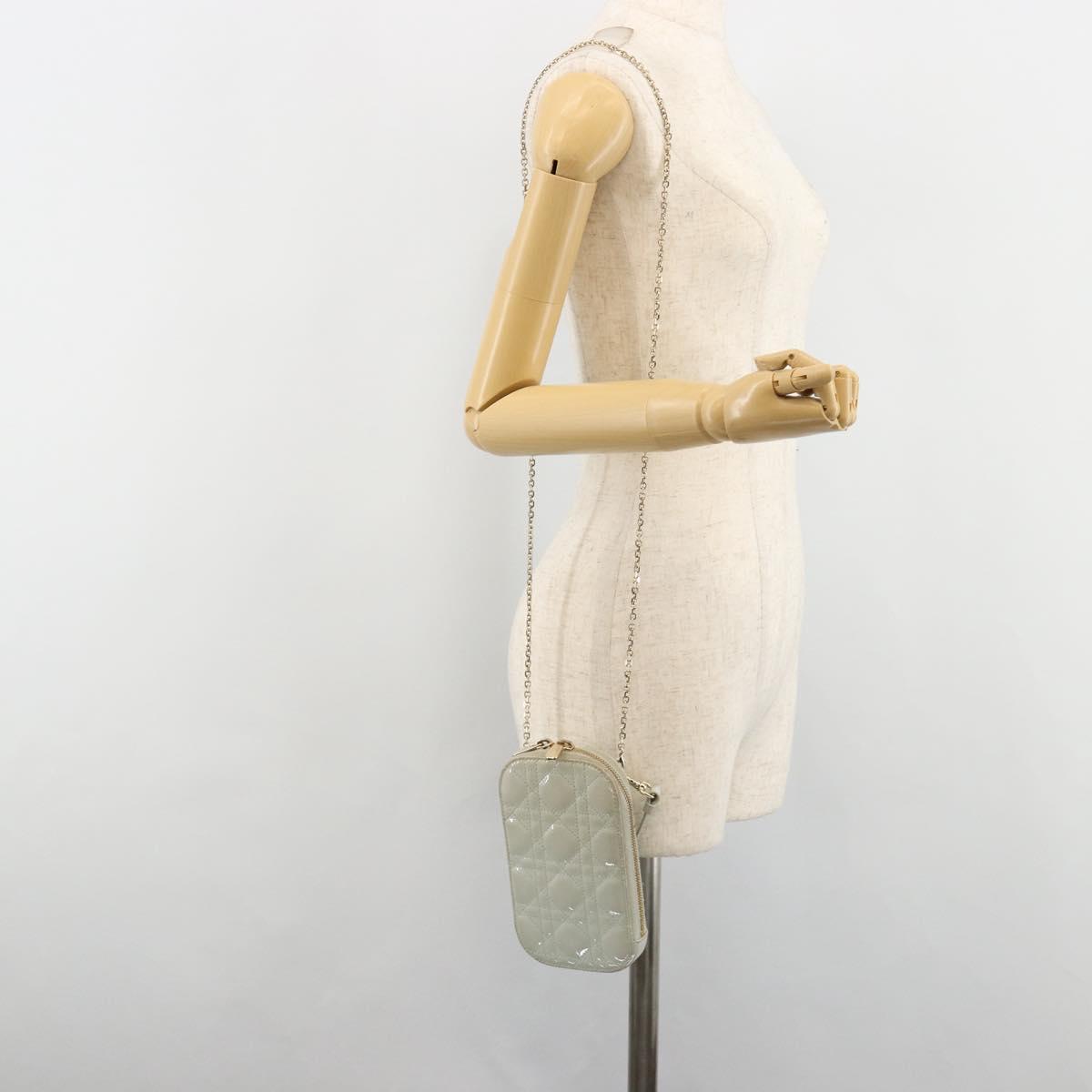 Christian Dior Cannage Phone Pouch Chain Bag Patent Light Blue Gold Auth 185556