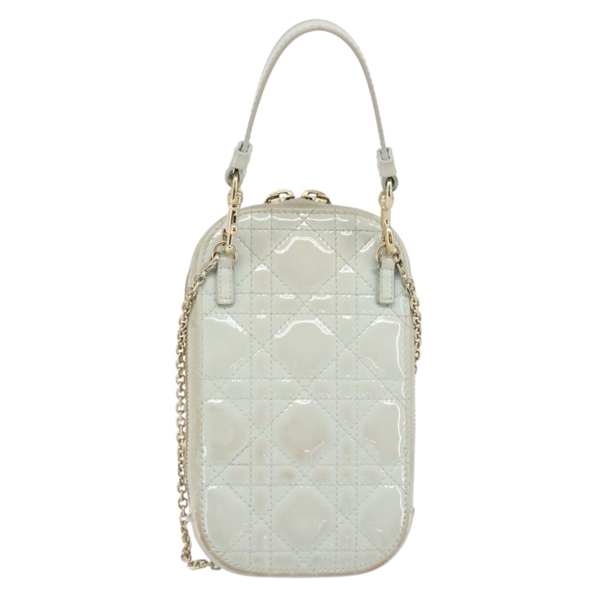 Christian Dior Cannage Phone Pouch Chain Bag Patent Light Blue Gold Auth 185556