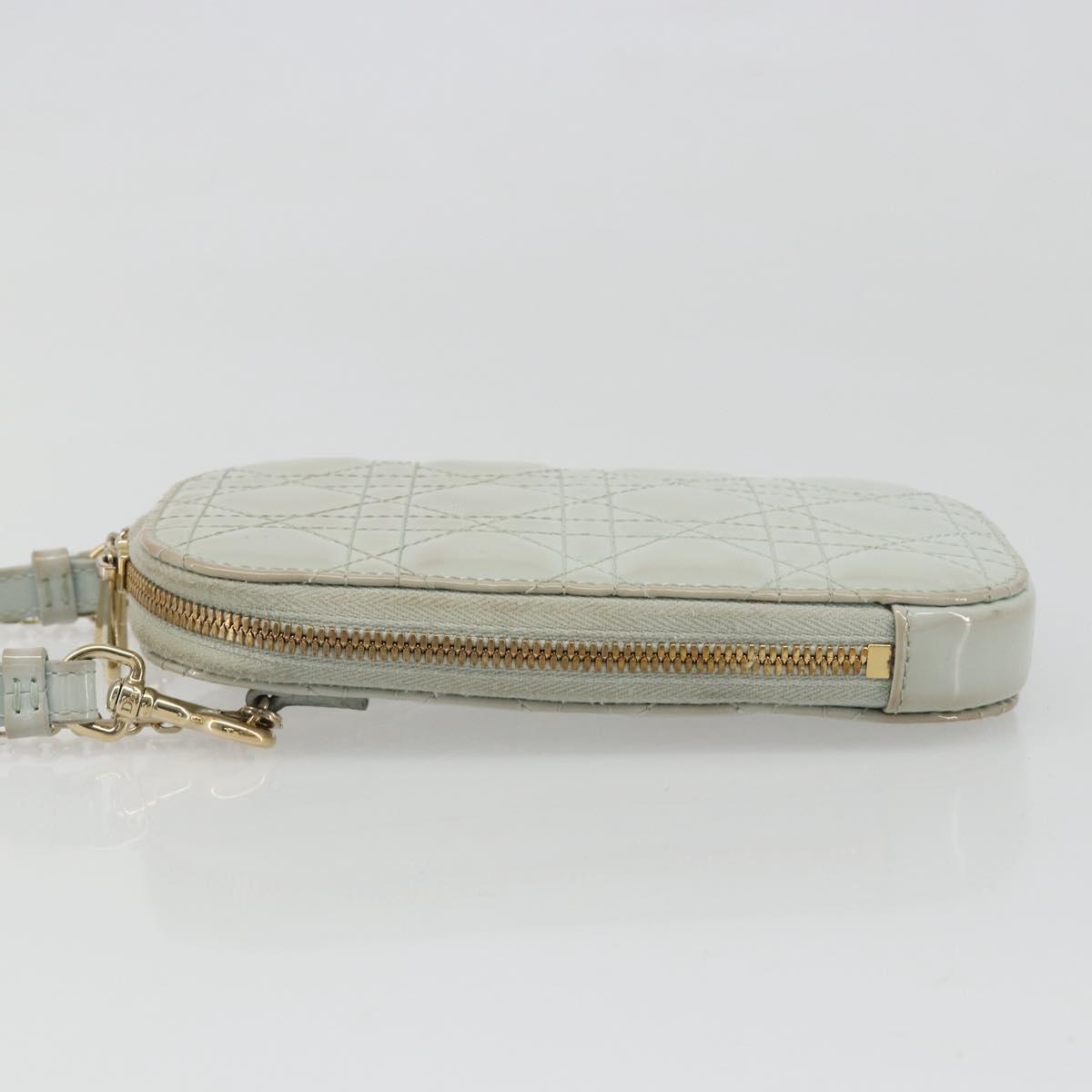 Christian Dior Cannage Phone Pouch Chain Bag Patent Light Blue Gold Auth 185556