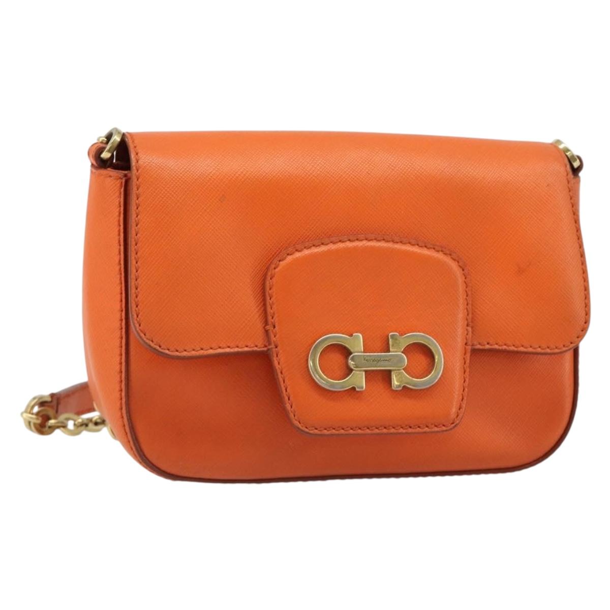 Salvatore Ferragamo Gancini Chain Shoulder Bag Leather Orange Gold Auth 185560