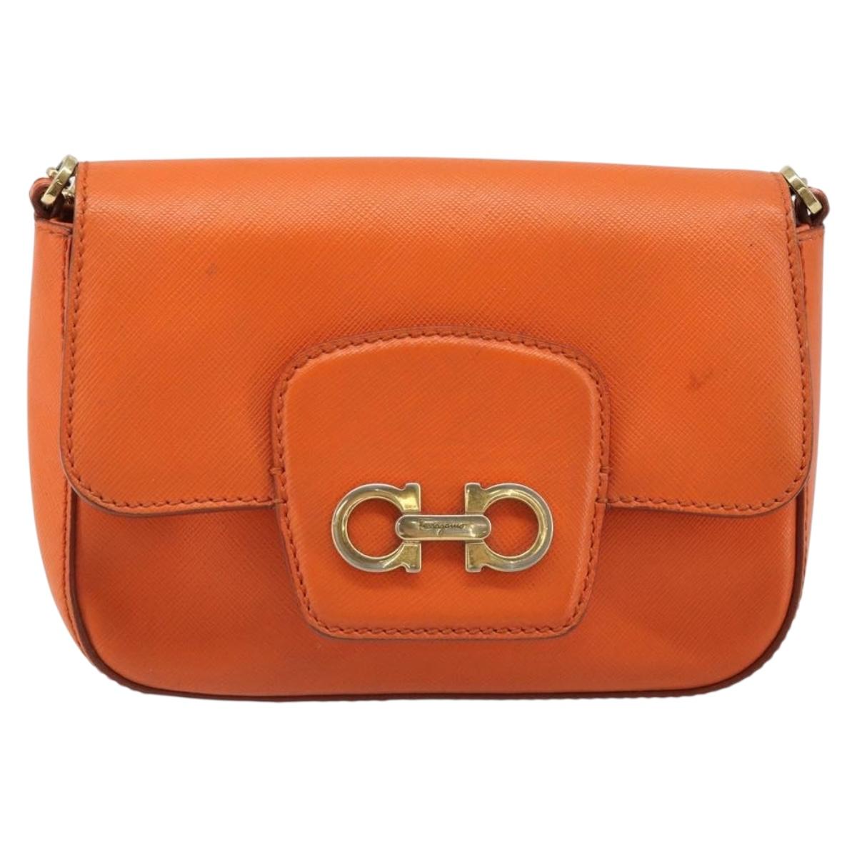 Salvatore Ferragamo Gancini Chain Shoulder Bag Leather Orange Gold Auth 185560