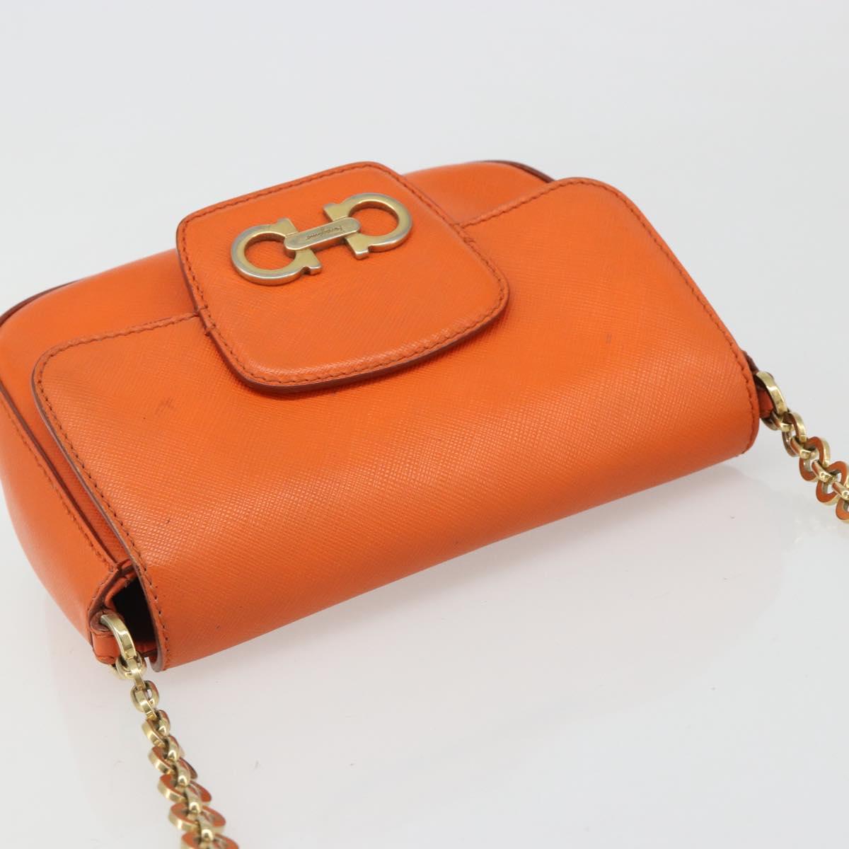 Salvatore Ferragamo Gancini Chain Shoulder Bag Leather Orange Gold Auth 185560