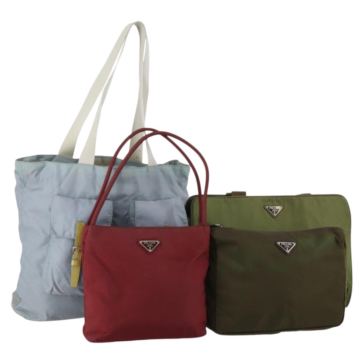 PRADA Hand Bag Nylon 4 Set Khaki Light Blue Red Auth 185563