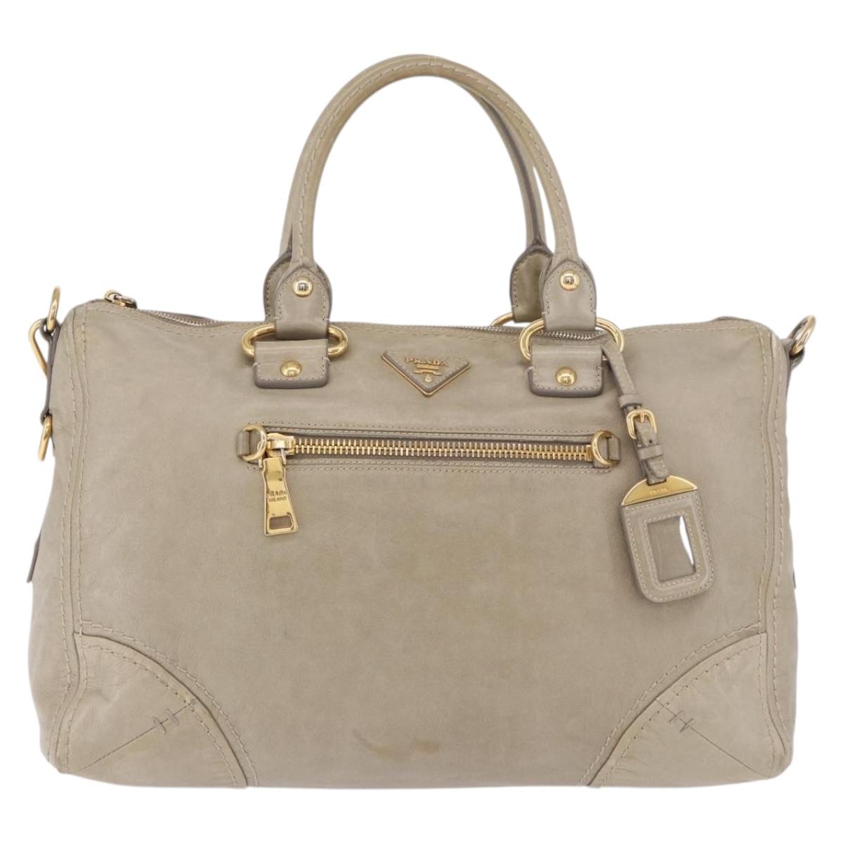 PRADA Hand Bag Leather 2way Khaki Gold Auth 185582A