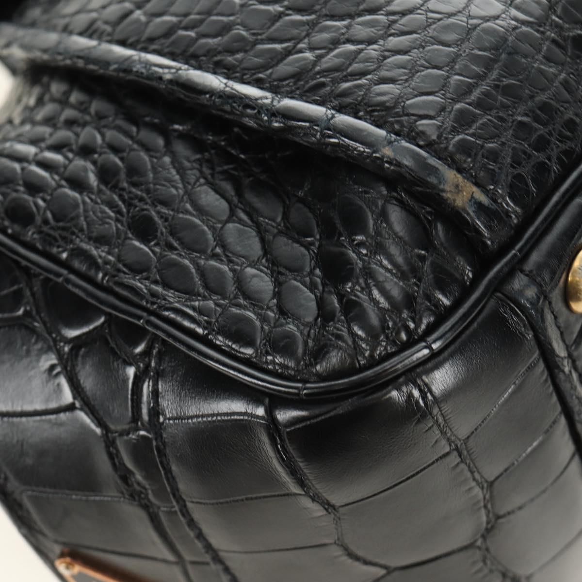 PRADA Hand Bag Leather Croco Embossed Black Gold Auth 185588V