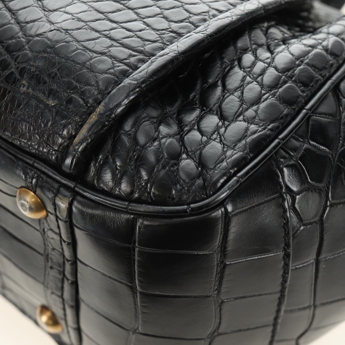 PRADA Hand Bag Leather Croco Embossed Black Gold Auth 185588V