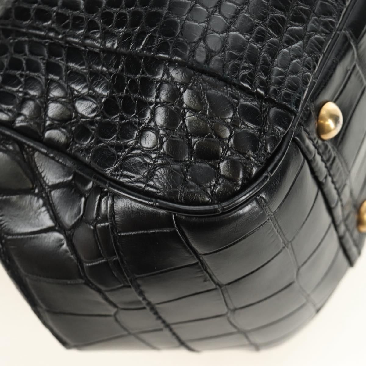 PRADA Hand Bag Leather Croco Embossed Black Gold Auth 185588V