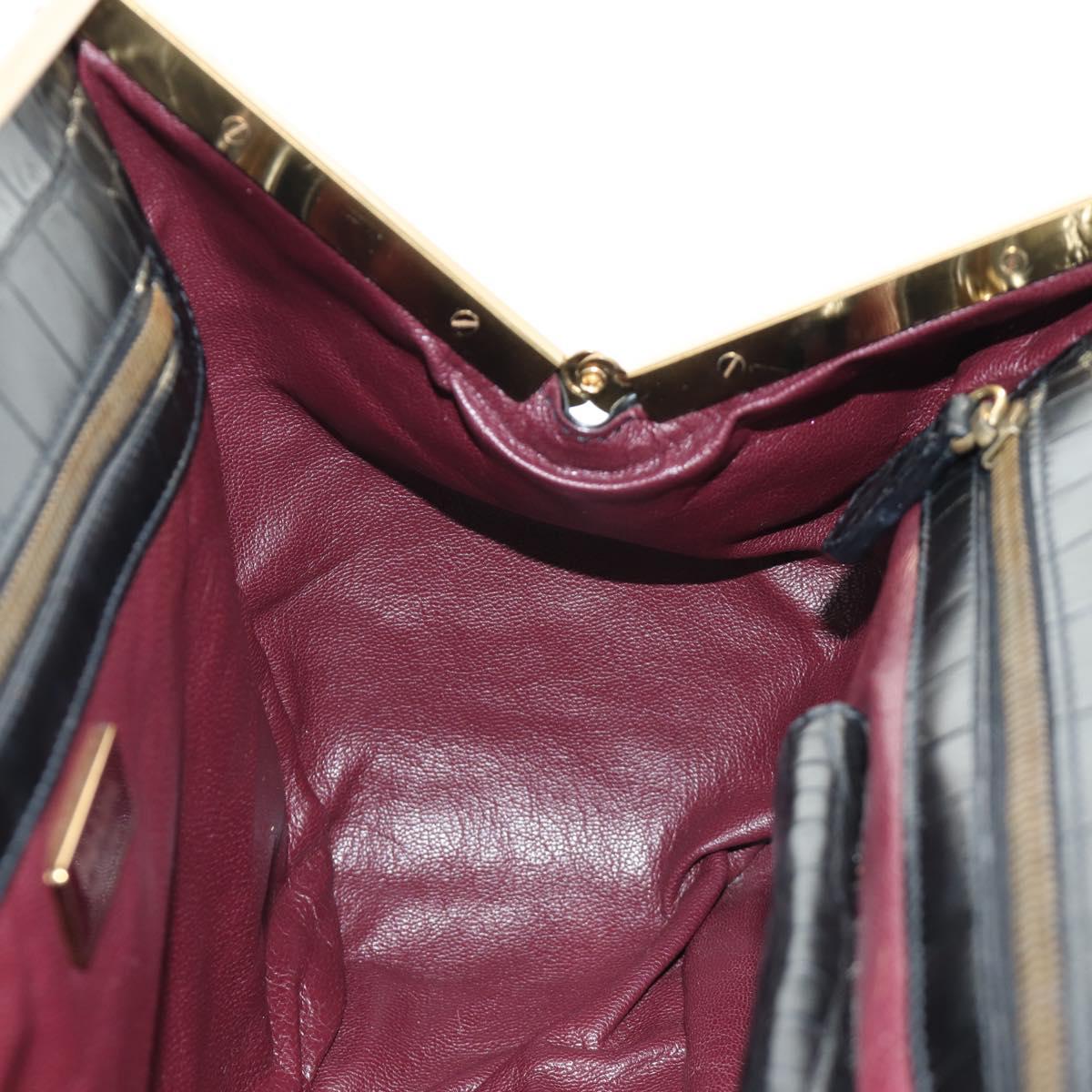 PRADA Hand Bag Leather Croco Embossed Black Gold Auth 185588V