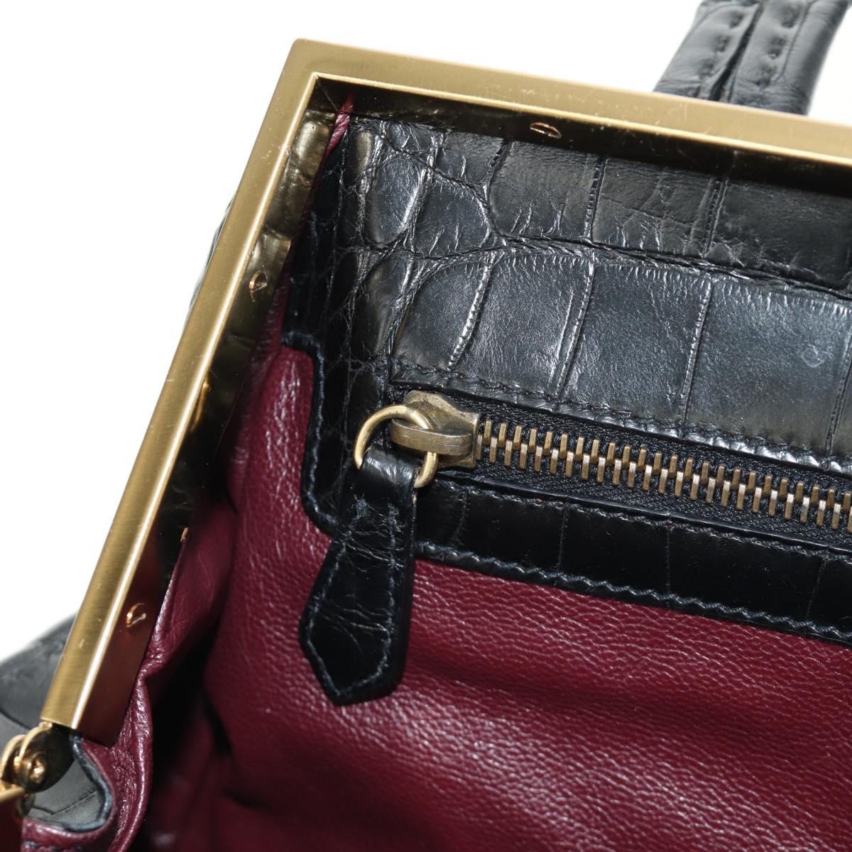 PRADA Hand Bag Leather Croco Embossed Black Gold Auth 185588V