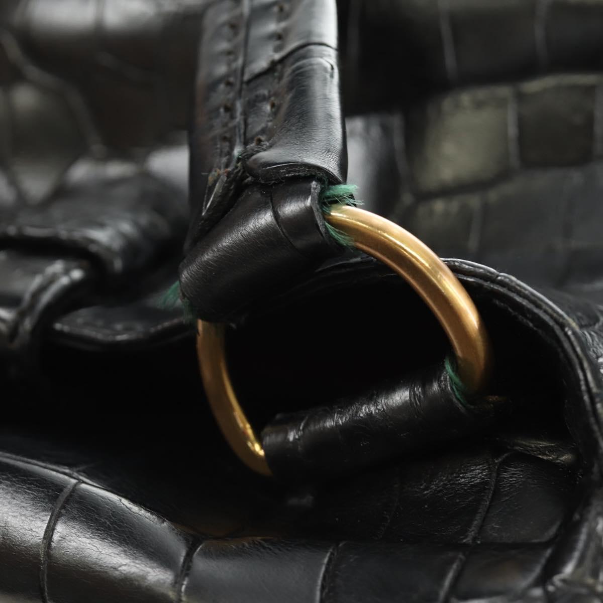 PRADA Hand Bag Leather Croco Embossed Black Gold Auth 185588V