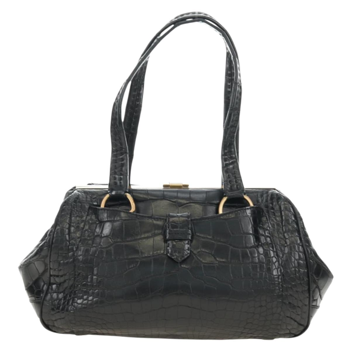 PRADA Hand Bag Leather Croco Embossed Black Gold Auth 185588V