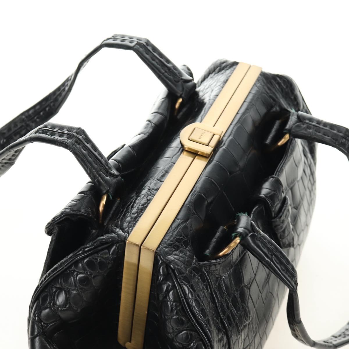 PRADA Hand Bag Leather Croco Embossed Black Gold Auth 185588V