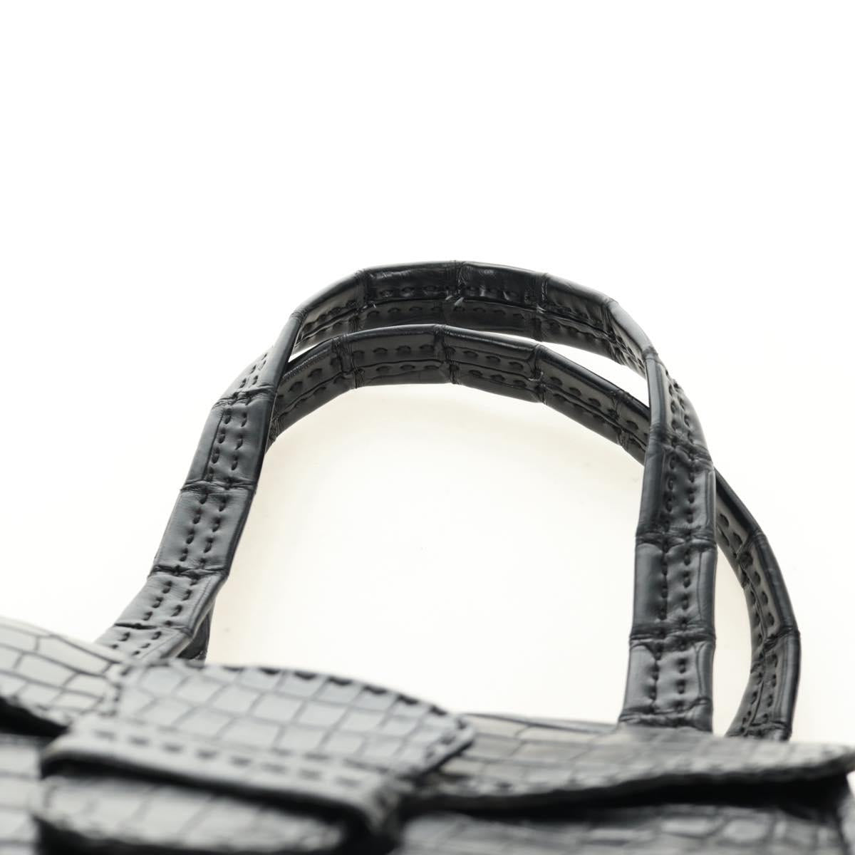 PRADA Hand Bag Leather Croco Embossed Black Gold Auth 185588V