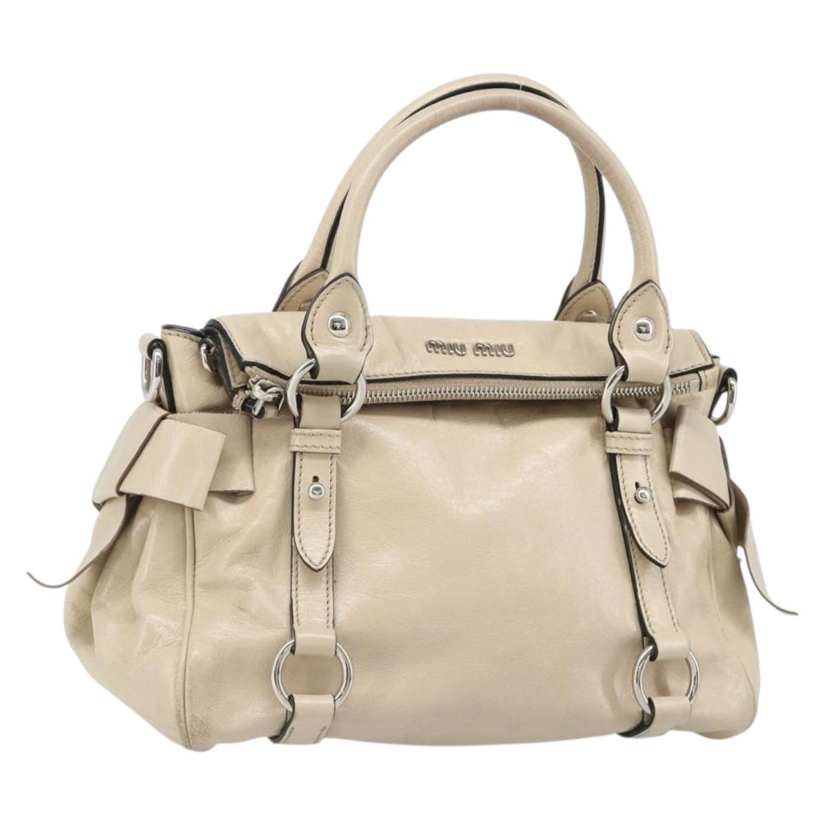 Miu Miu Hand Bag Leather 2way Beige Silver Auth 185589A