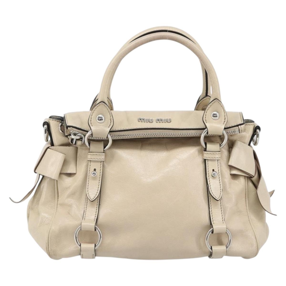 Miu Miu Hand Bag Leather 2way Beige Silver Auth 185589A