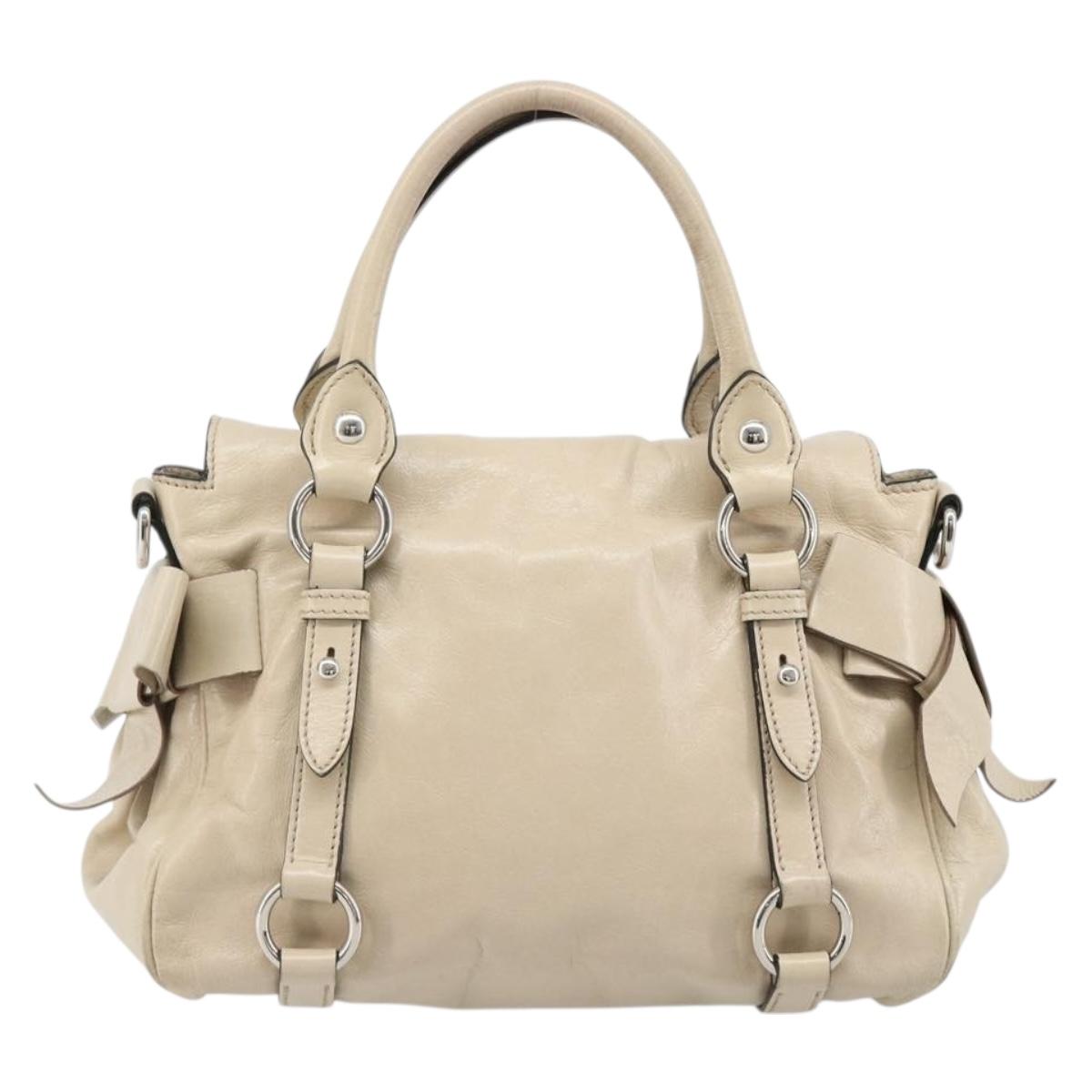Miu Miu Hand Bag Leather 2way Beige Silver Auth 185589A