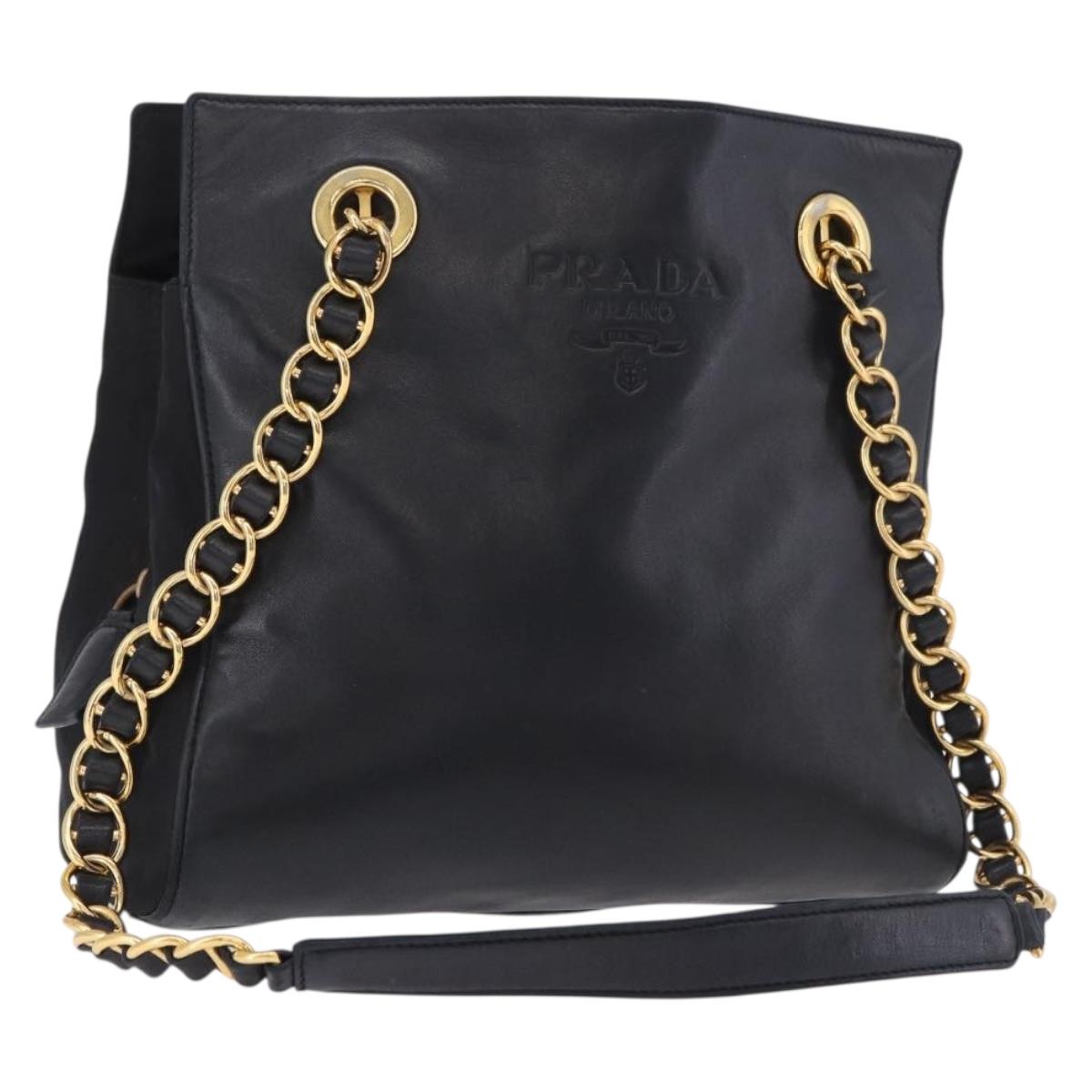 PRADA Chain Shoulder Bag Leather Black Gold Auth 185597A