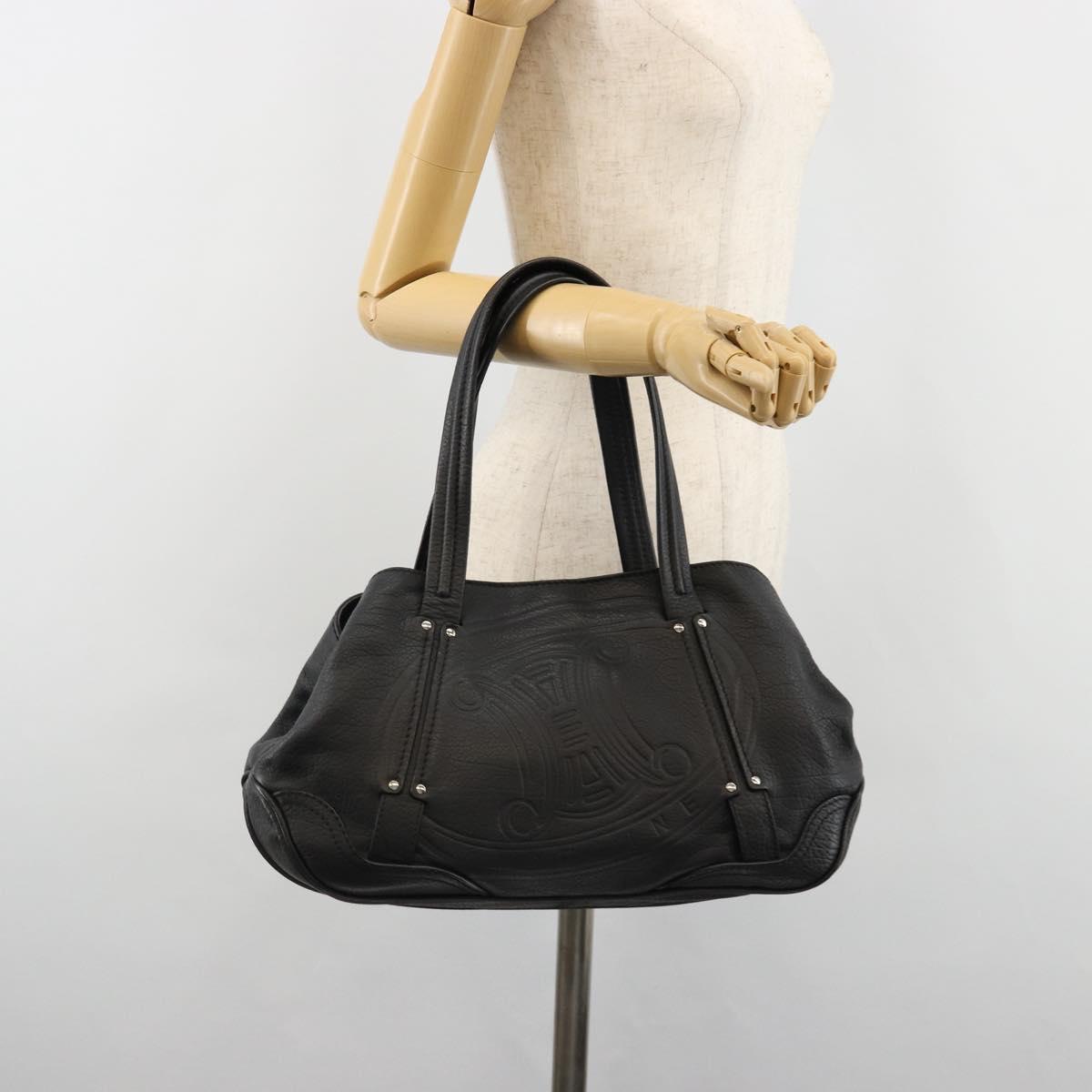 CELINE Triomphe Hand Bag Leather Black Silver Auth 185601A