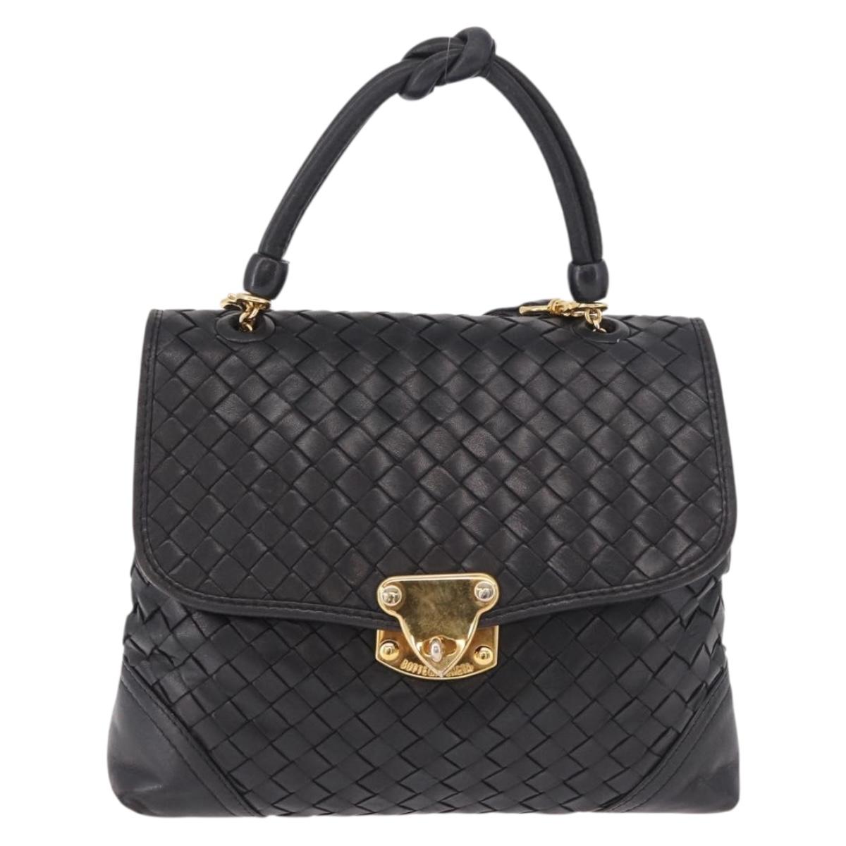 BOTTEGA VENETA INTRECCIATO Hand Bag Leather 2way Black Gold Auth 185602A