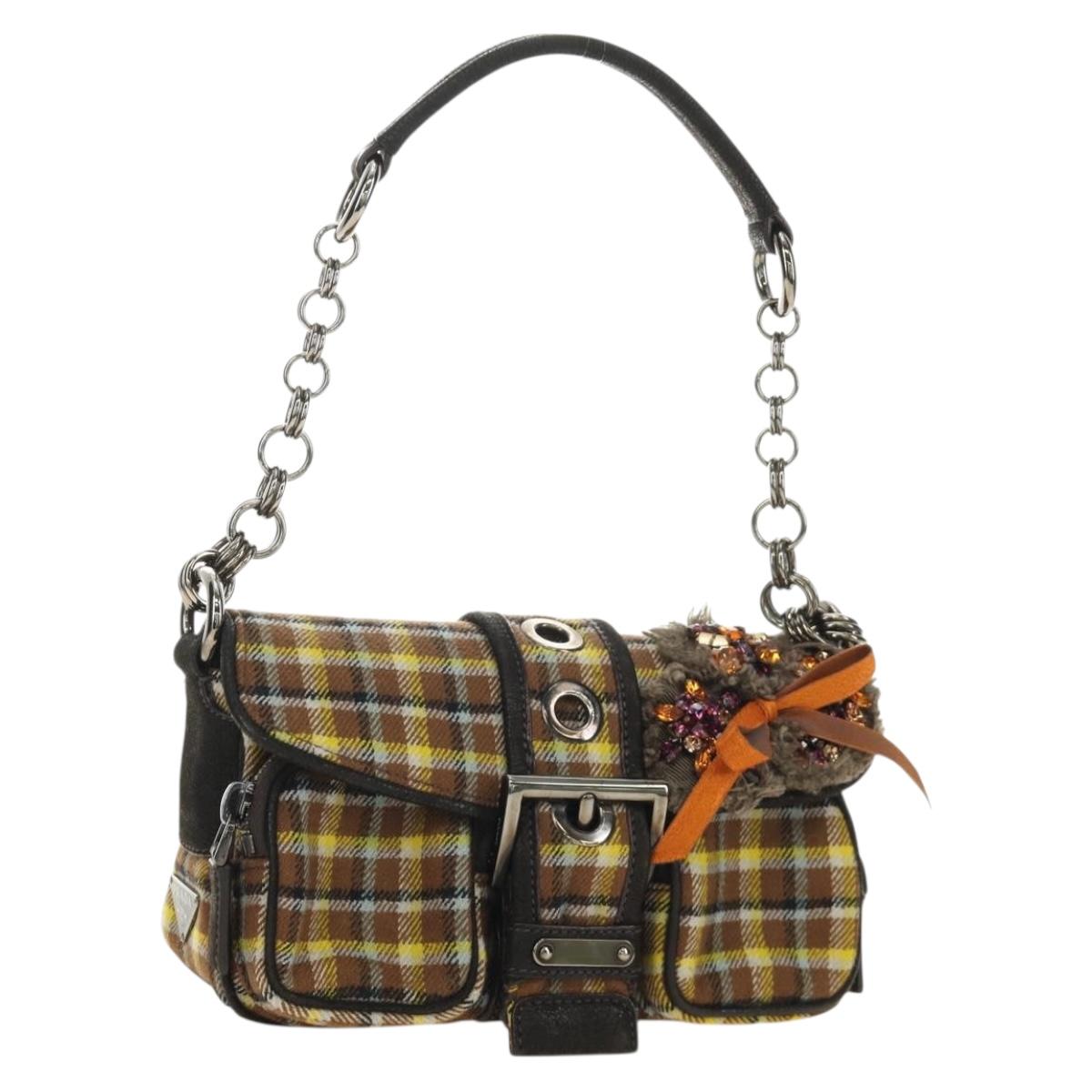 PRADA Chain Shoulder Bag Canvas Brown Silver Auth 185603SM
