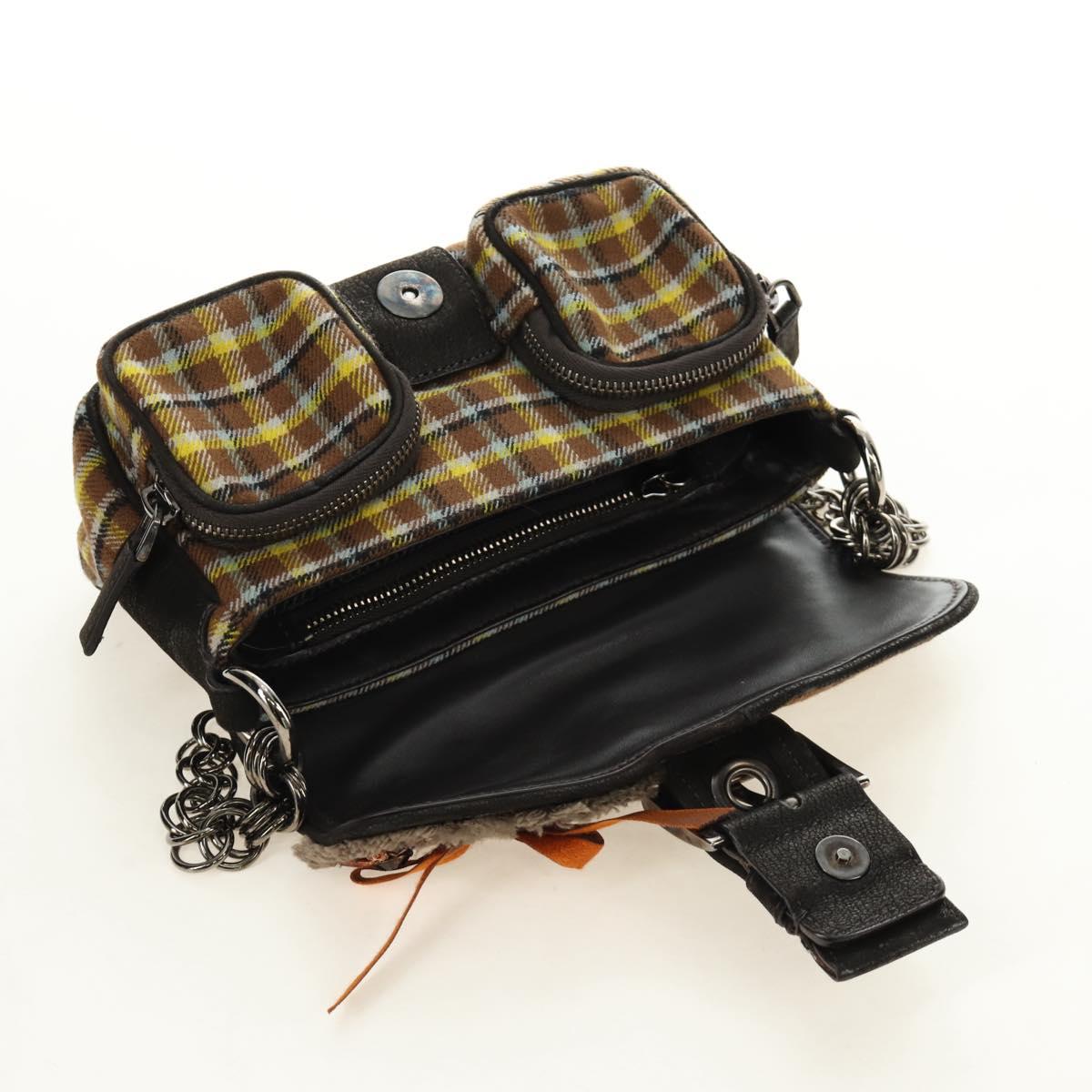 PRADA Chain Shoulder Bag Canvas Brown Silver Auth 185603SM