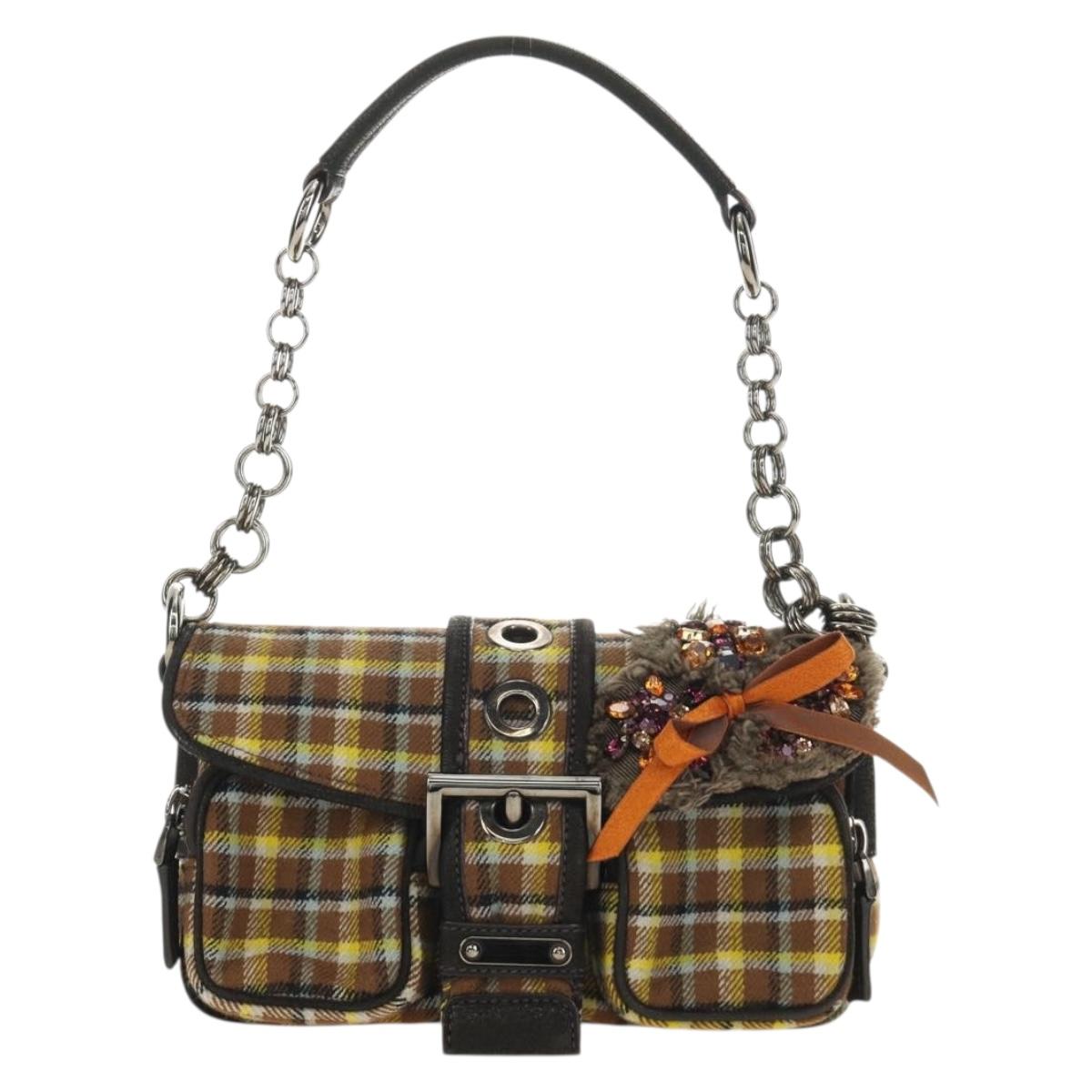 PRADA Chain Shoulder Bag Canvas Brown Silver Auth 185603SM