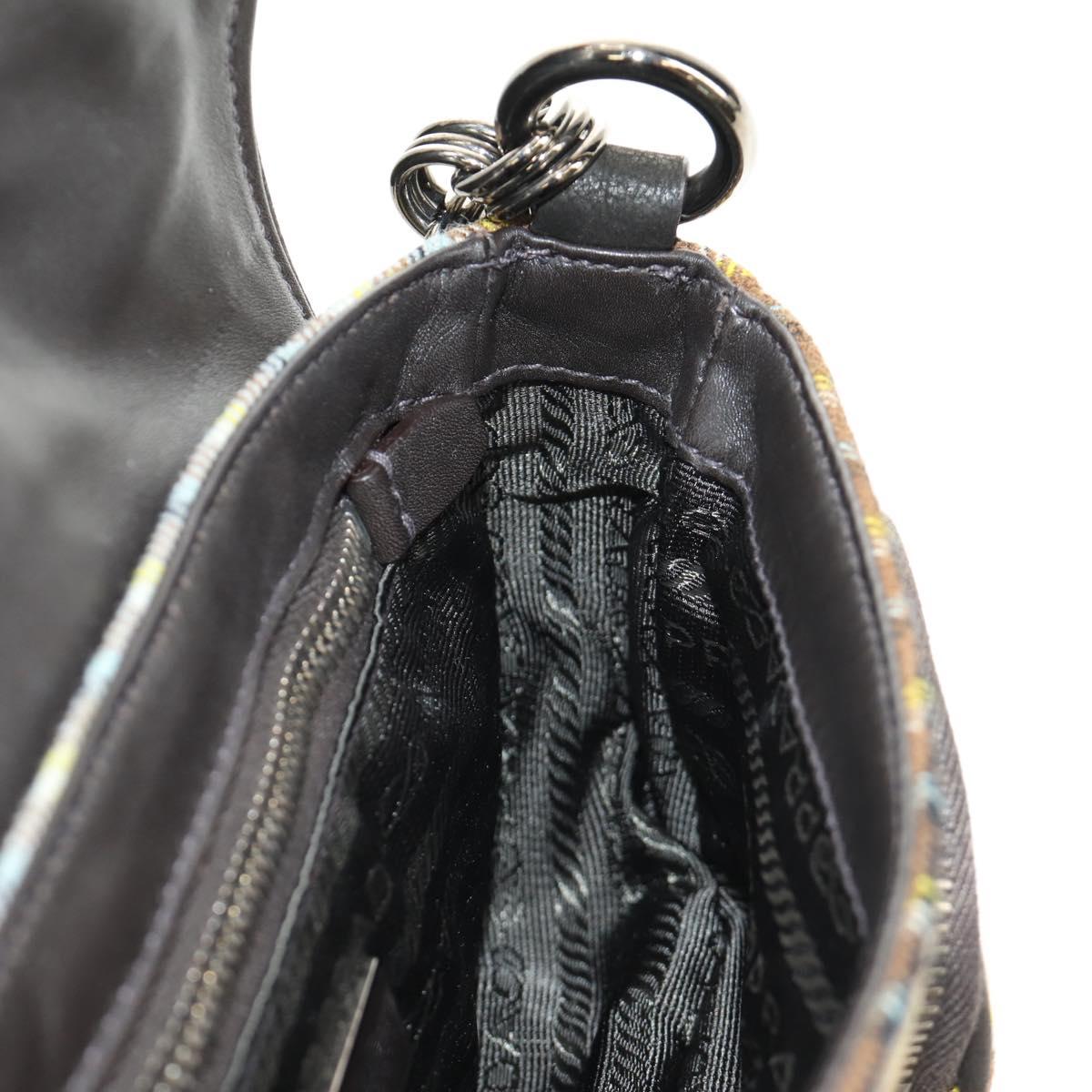 PRADA Chain Shoulder Bag Canvas Brown Silver Auth 185603SM