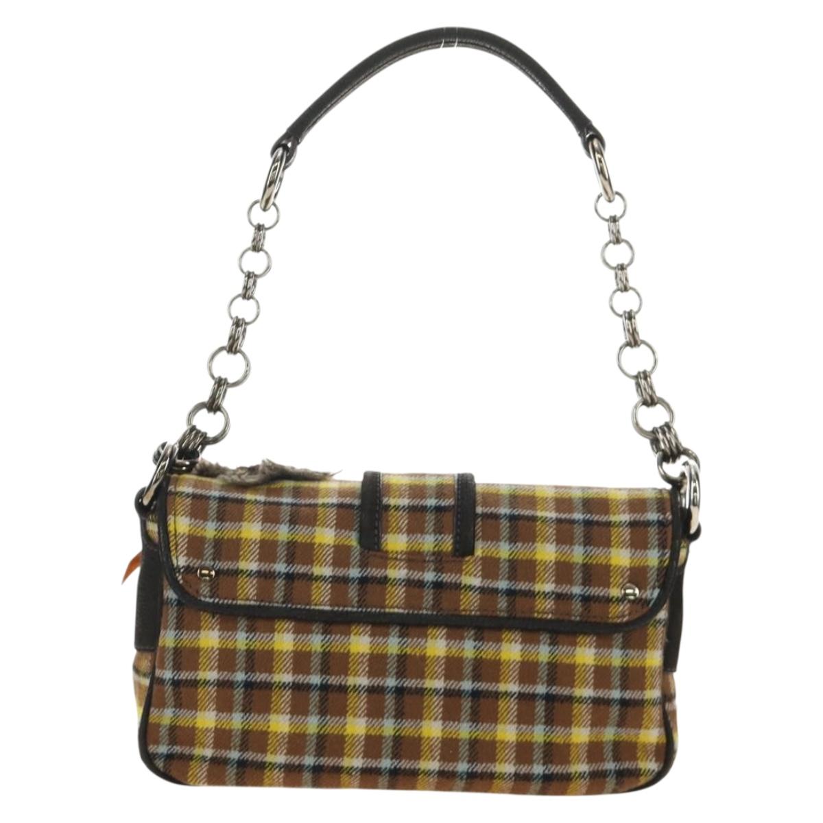 PRADA Chain Shoulder Bag Canvas Brown Silver Auth 185603SM