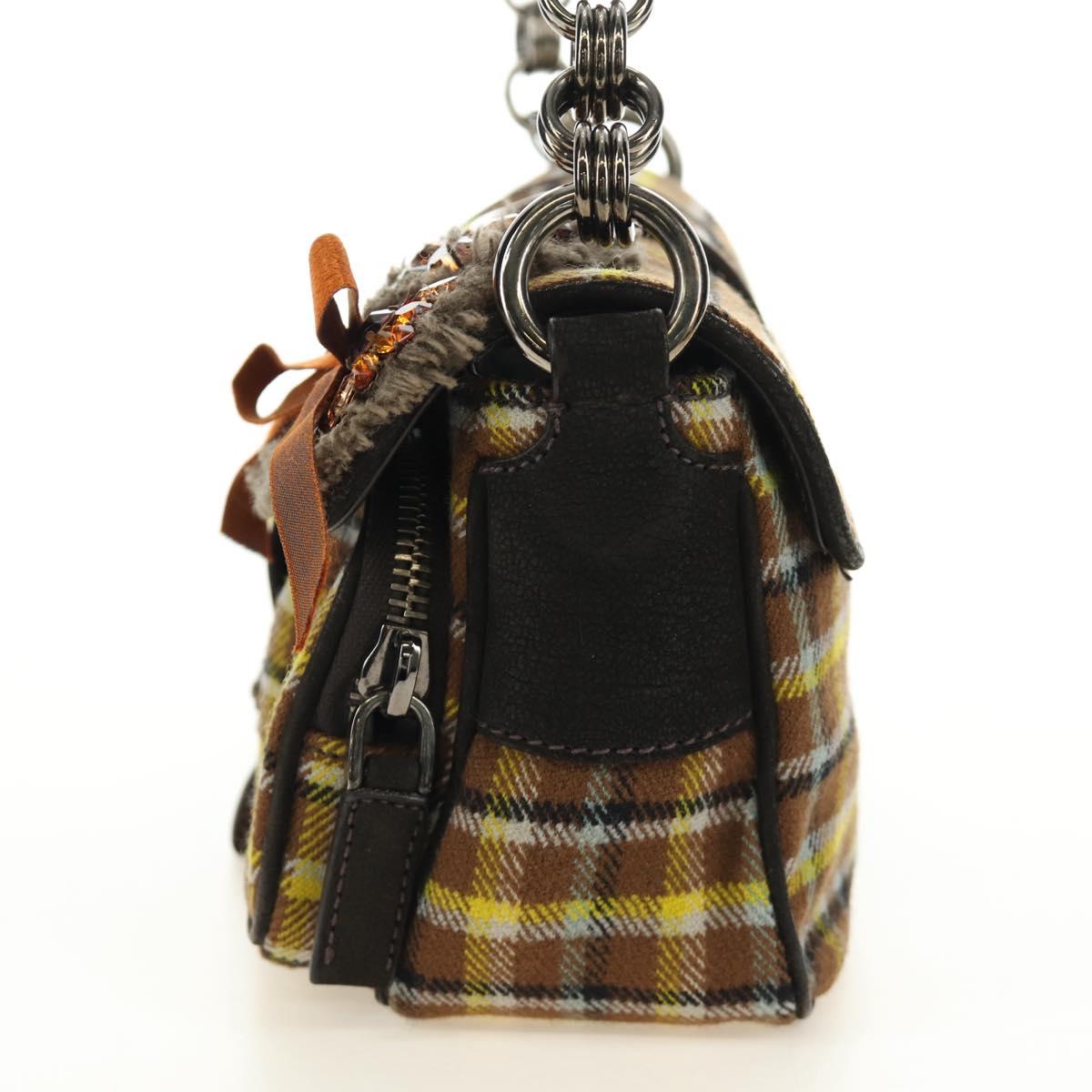 PRADA Chain Shoulder Bag Canvas Brown Silver Auth 185603SM