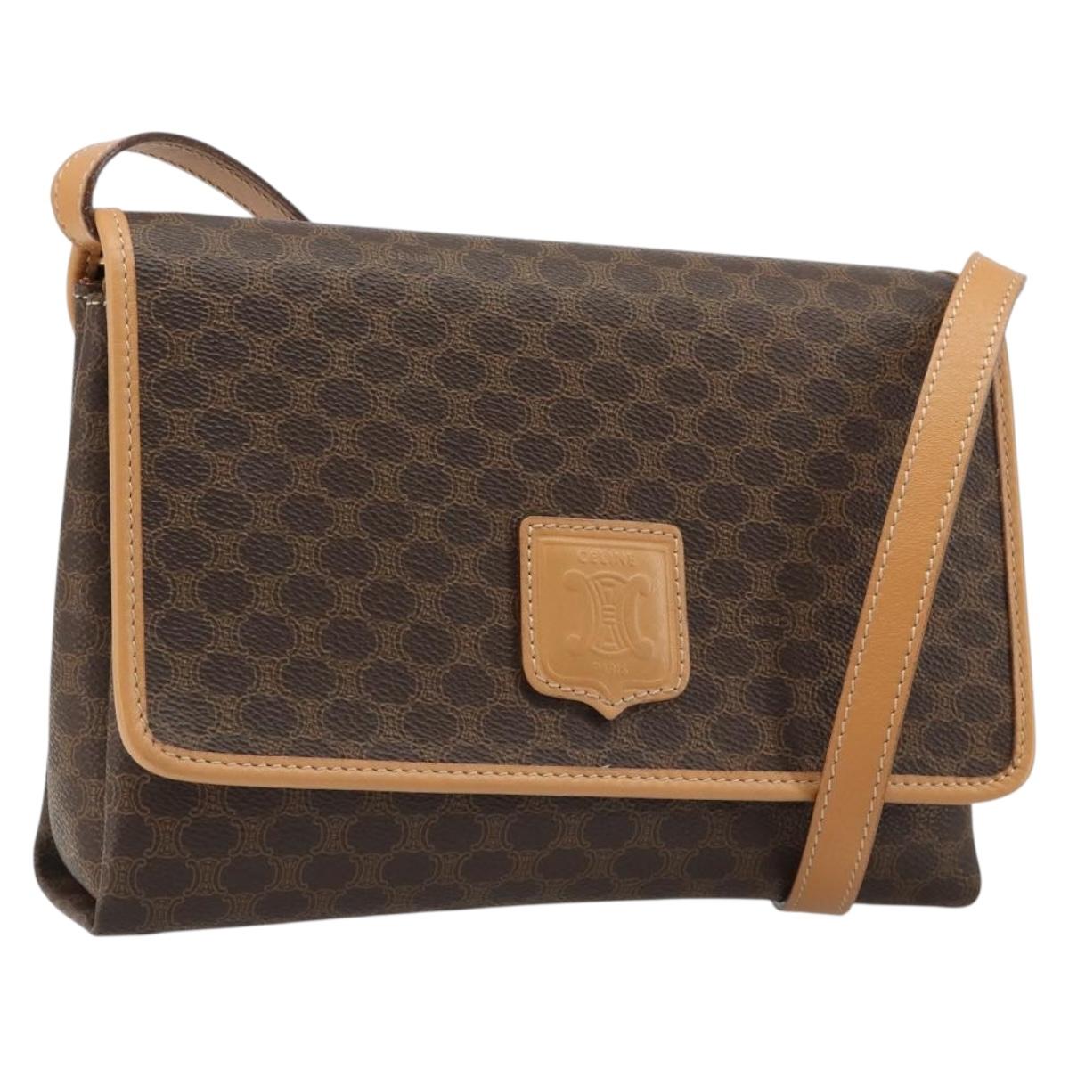 CELINE Macadam Canvas Shoulder Bag PVC Leather Brown Gold Auth 185615A