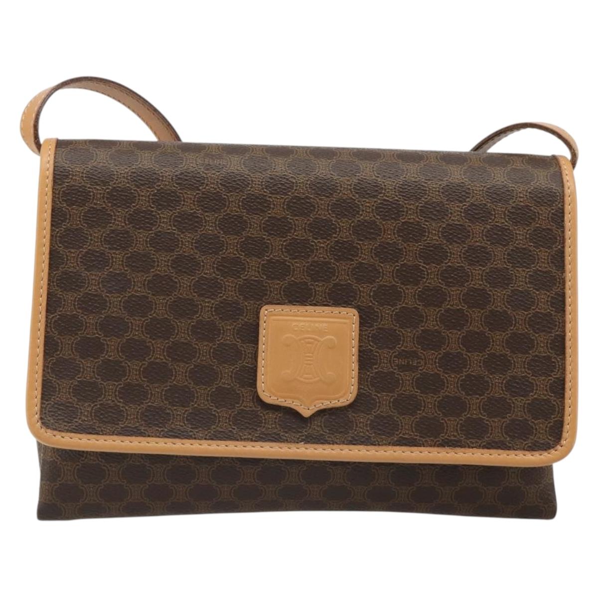 CELINE Macadam Canvas Shoulder Bag PVC Leather Brown Gold Auth 185615A
