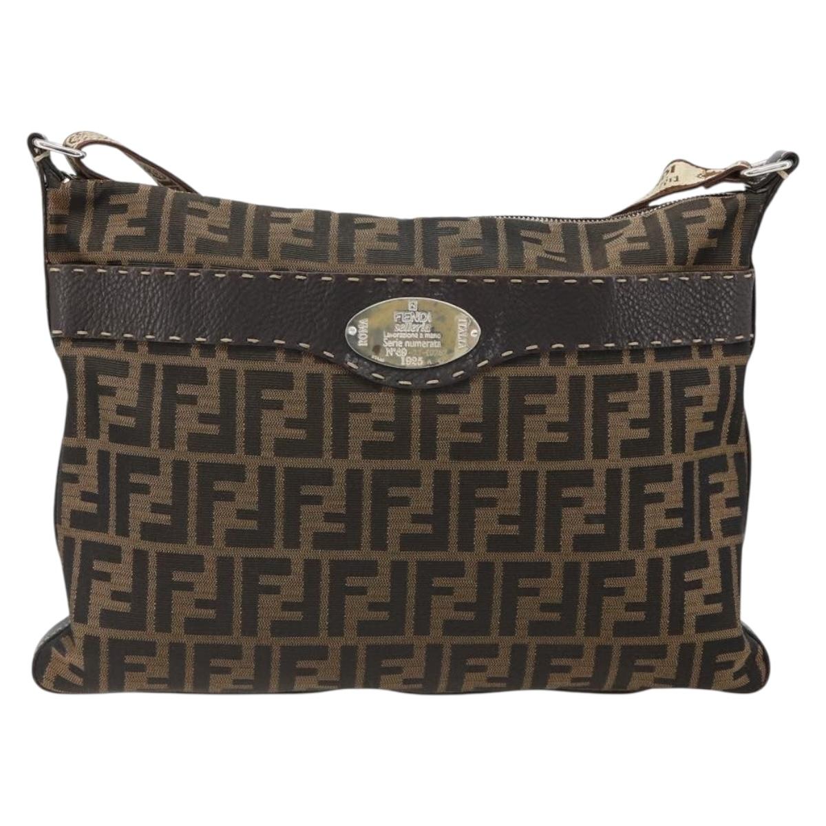 FENDI Zucca Canvas Shoulder Bag Black Brown Auth 185617A