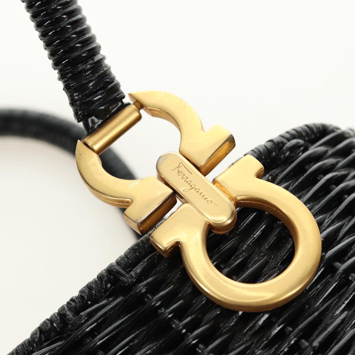 Salvatore Ferragamo Gancini Straw Hand Bag Rattan Black Gold Auth 185618V