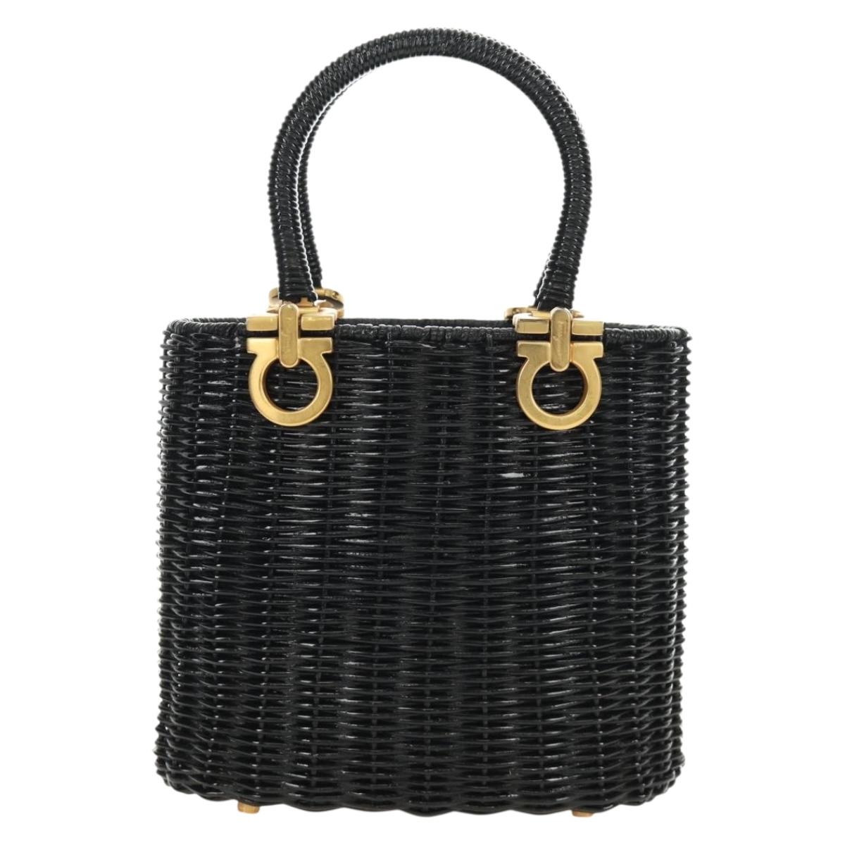 Salvatore Ferragamo Gancini Straw Hand Bag Rattan Black Gold Auth 185618V