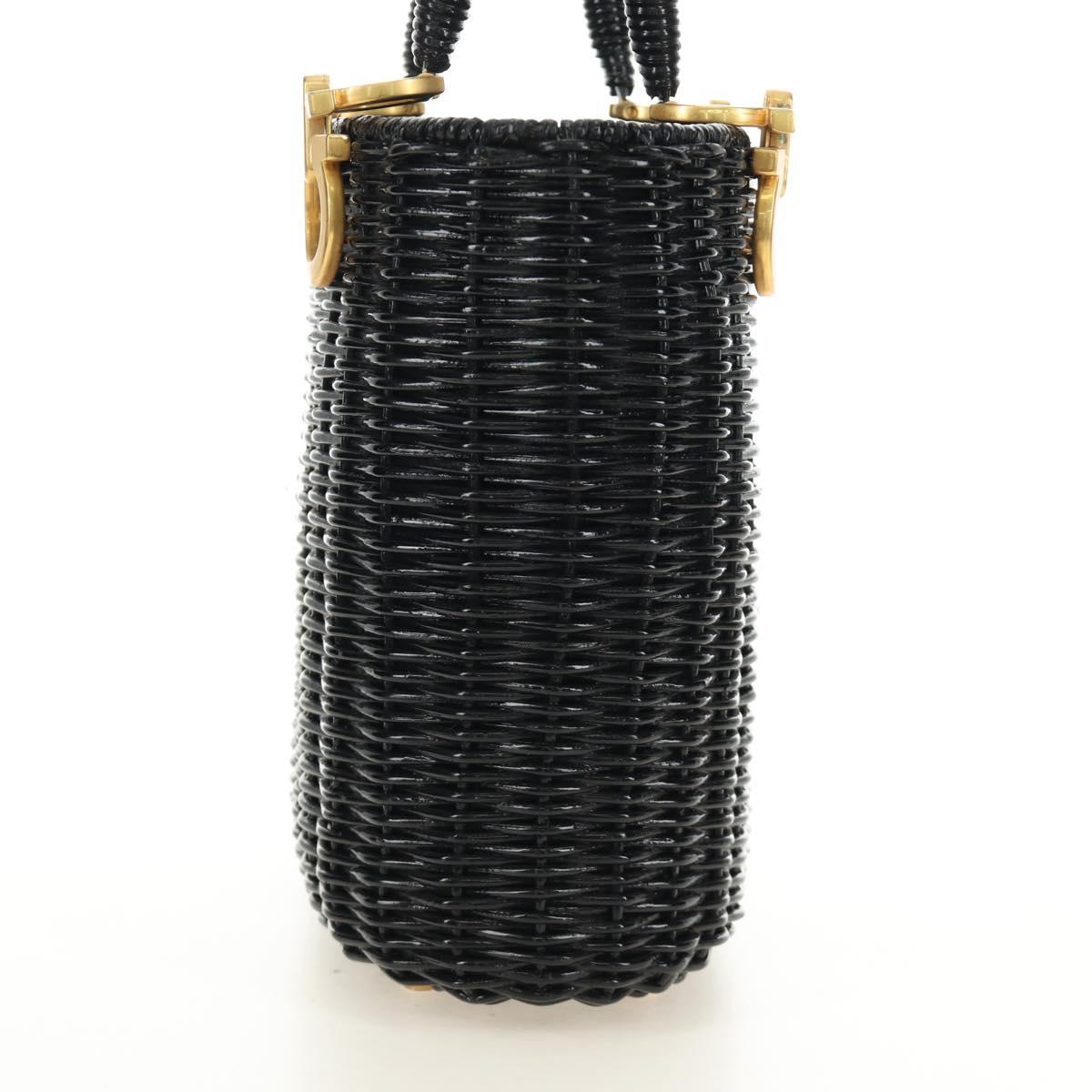 Salvatore Ferragamo Gancini Straw Hand Bag Rattan Black Gold Auth 185618V