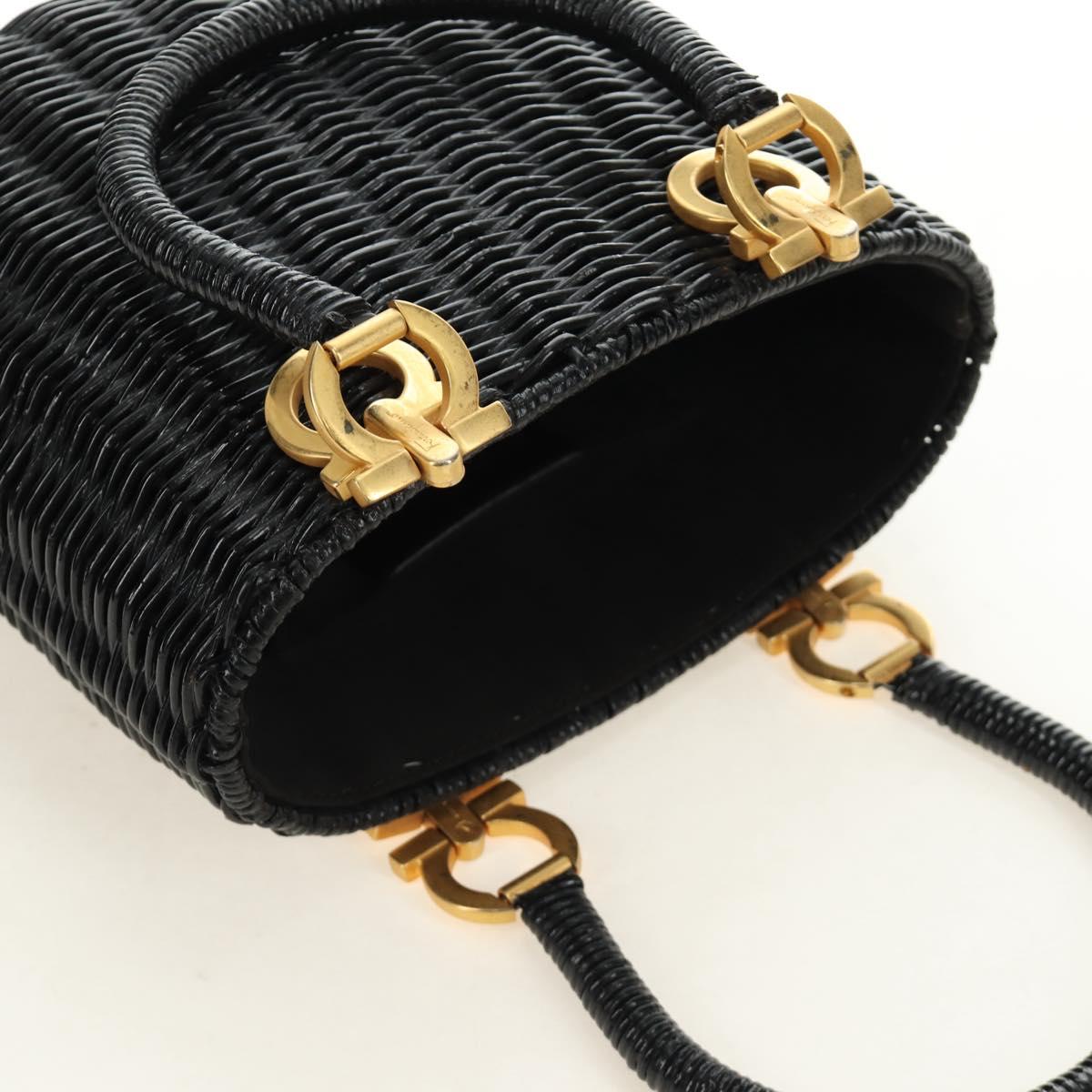 Salvatore Ferragamo Gancini Straw Hand Bag Rattan Black Gold Auth 185618V