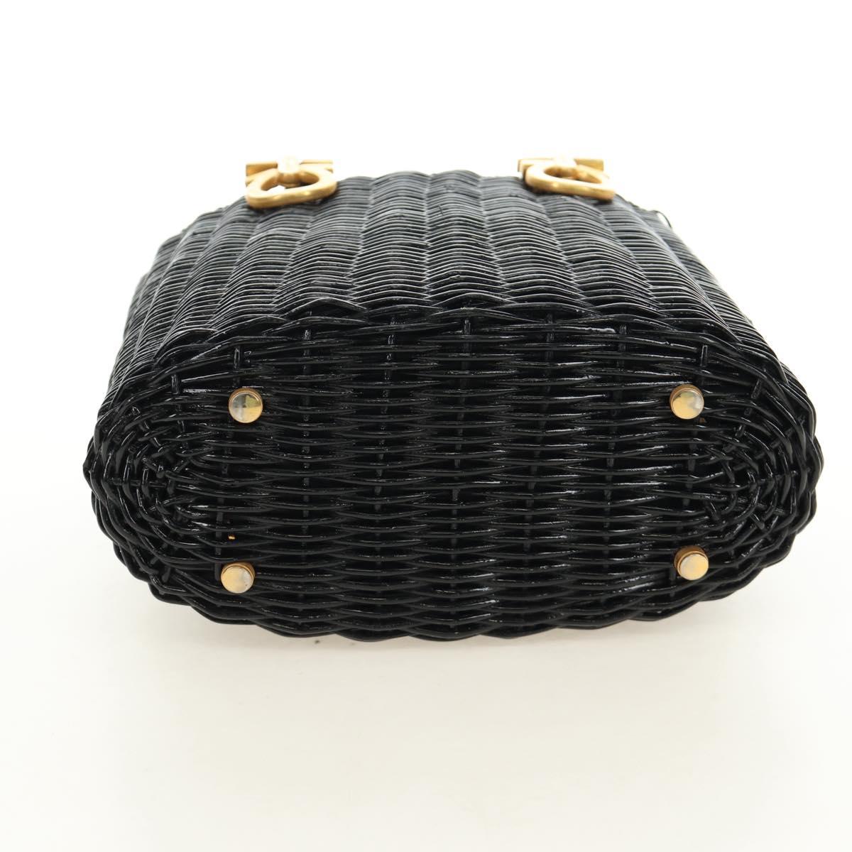 Salvatore Ferragamo Gancini Straw Hand Bag Rattan Black Gold Auth 185618V