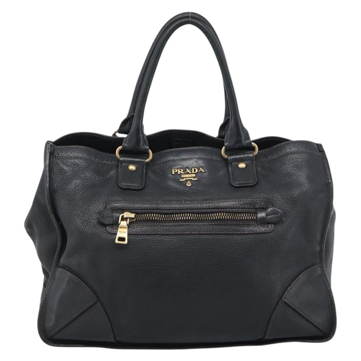 PRADA Tote Bag Leather Black Gold Auth 185629V