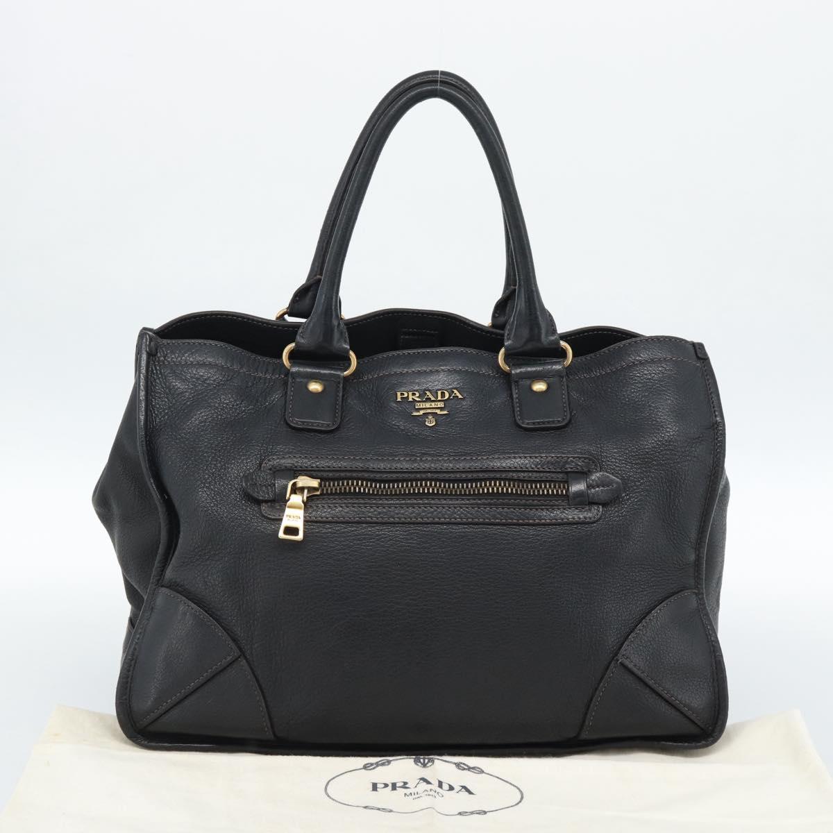 PRADA Tote Bag Leather Black Gold Auth 185629V