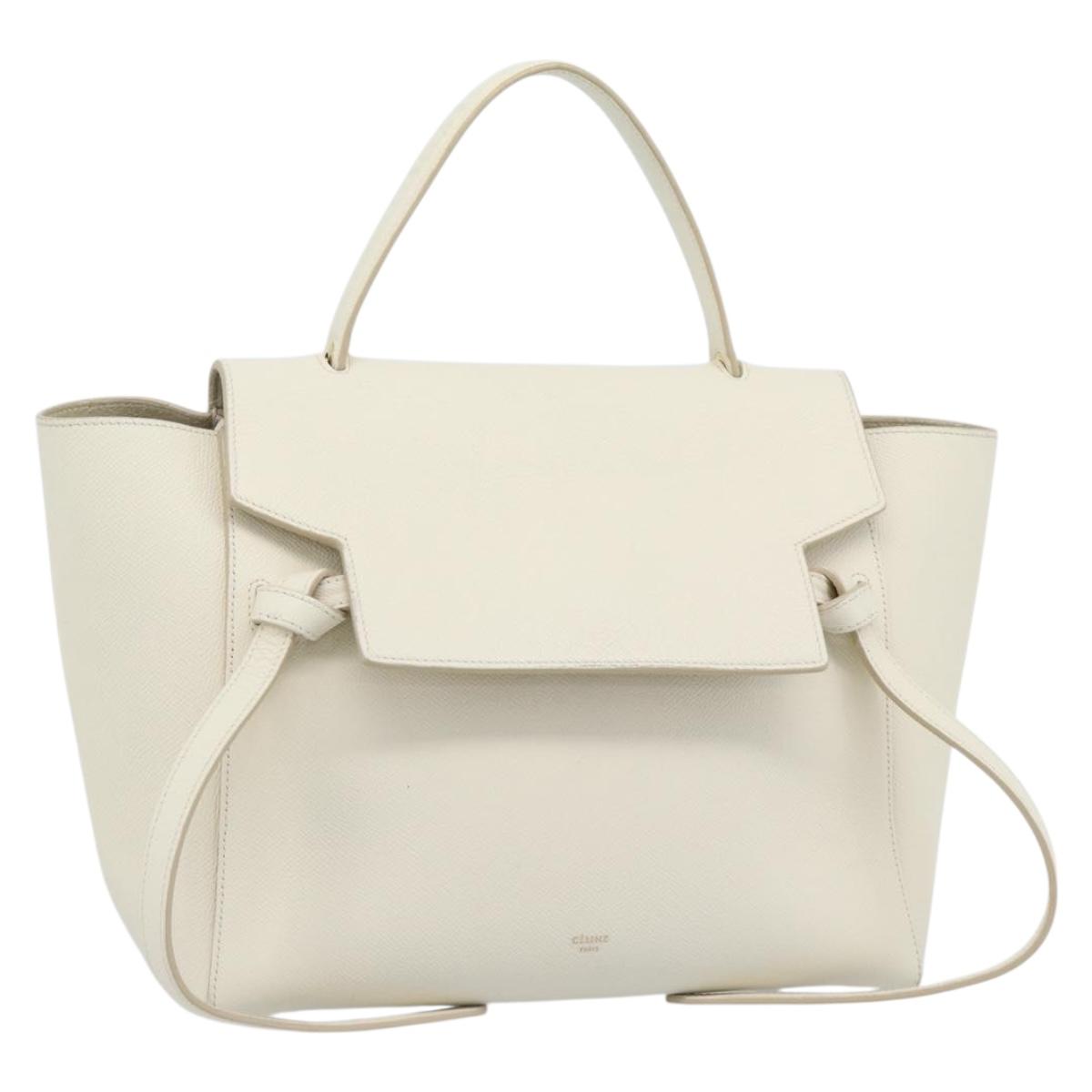 CELINE Micro Belt Hand Bag Leather White Gold Auth 185630V
