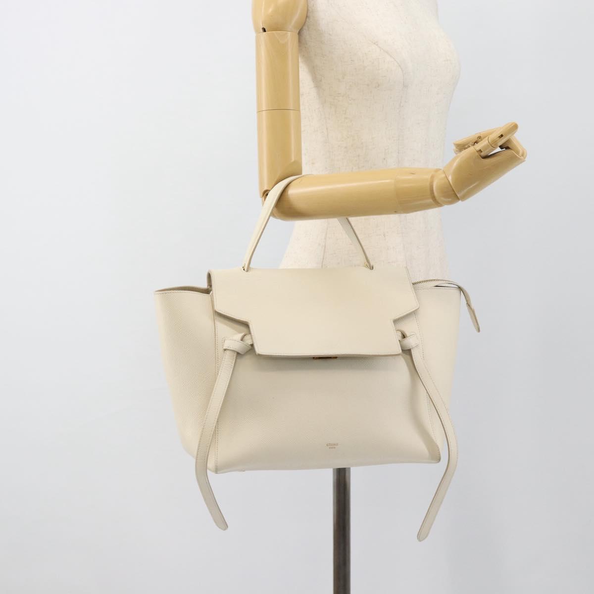 CELINE Micro Belt Hand Bag Leather White Gold Auth 185630V