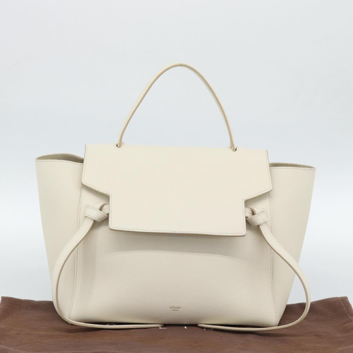 CELINE Micro Belt Hand Bag Leather White Gold Auth 185630V