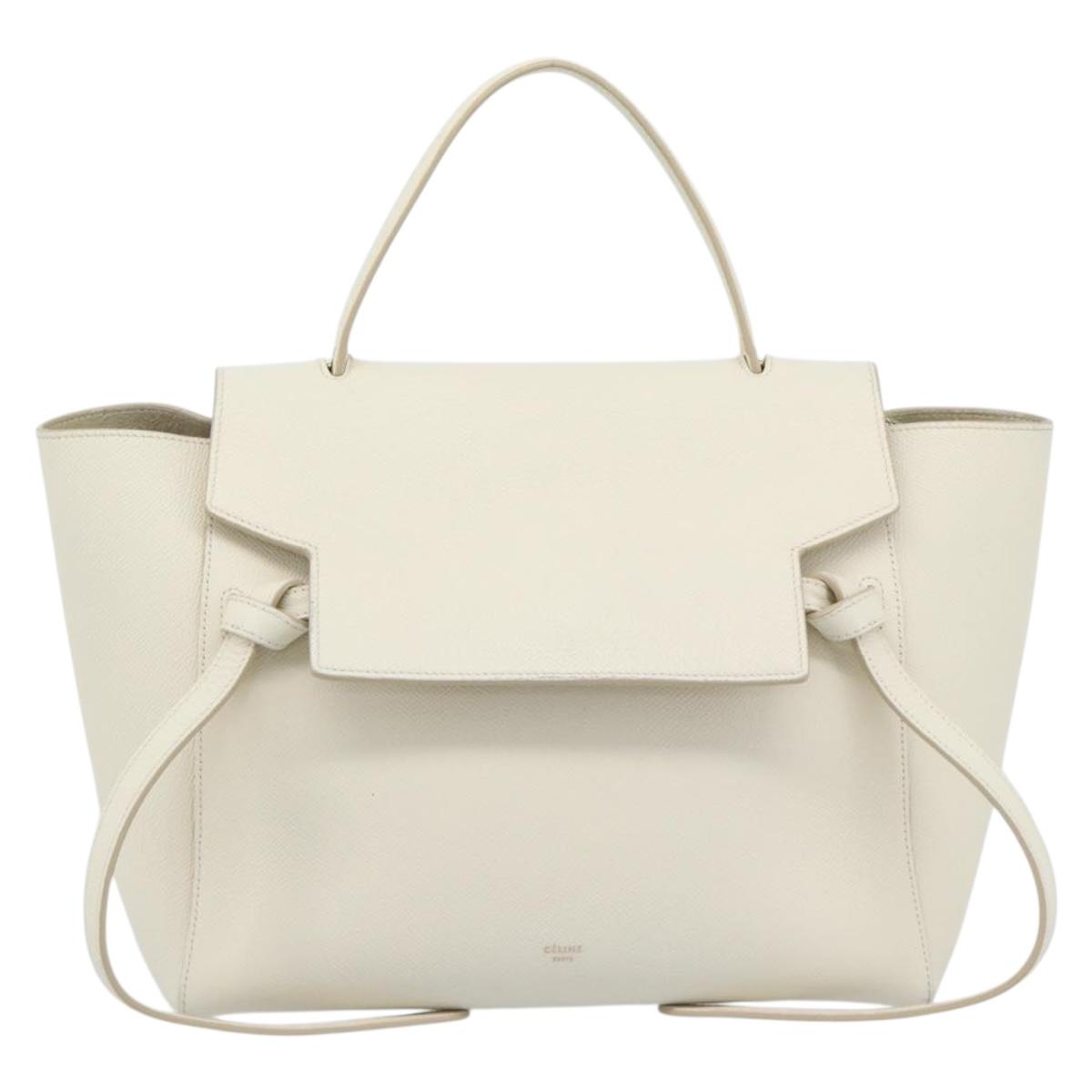 CELINE Micro Belt Hand Bag Leather White Gold Auth 185630V