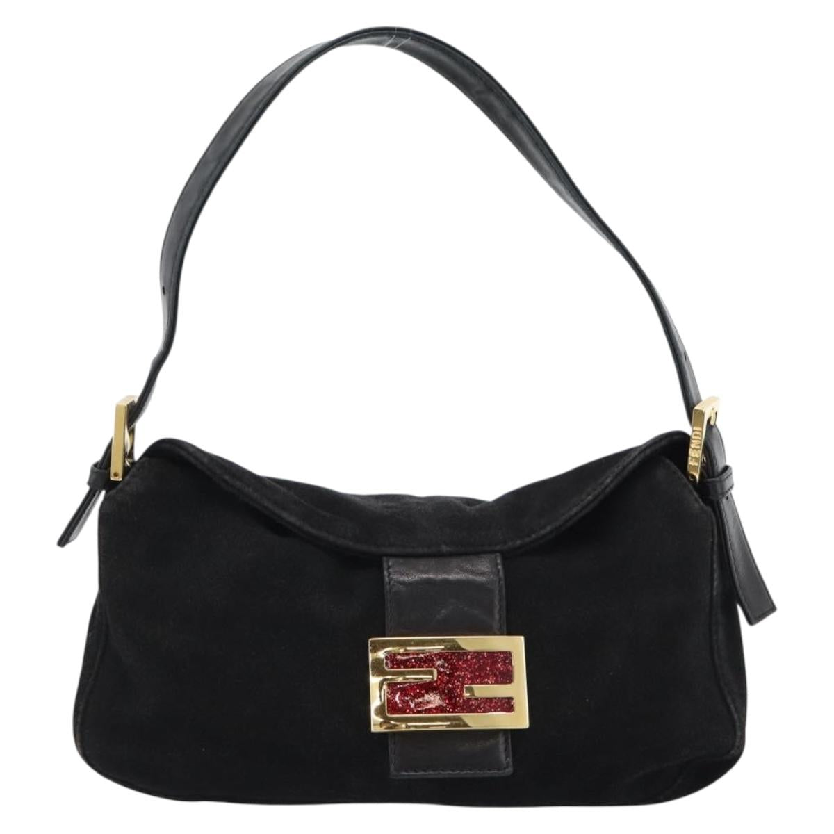 FENDI Mamma Baguette Shoulder Bag Suede Black Gold Auth 185631SAM