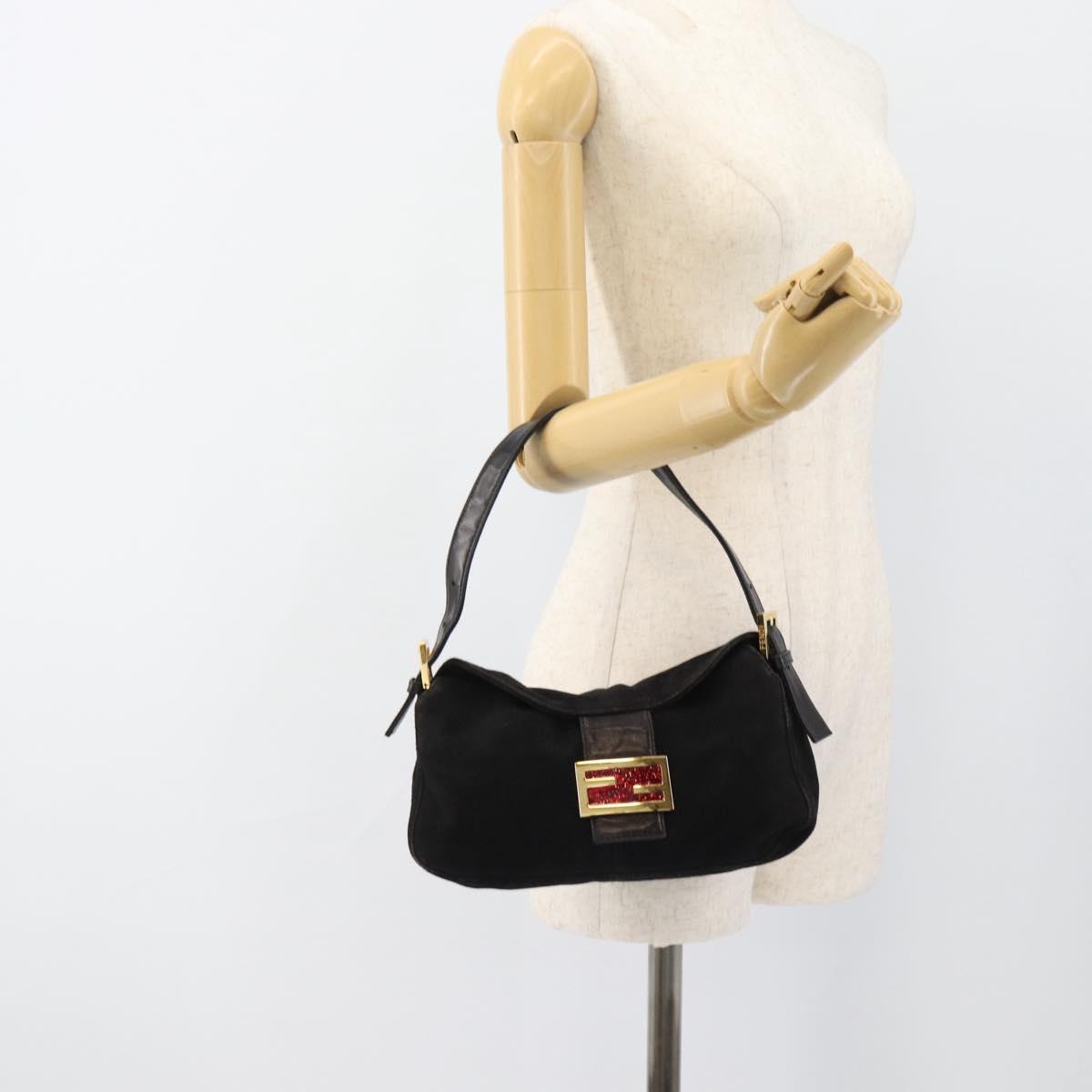 FENDI Mamma Baguette Shoulder Bag Suede Black Gold Auth 185631SAM