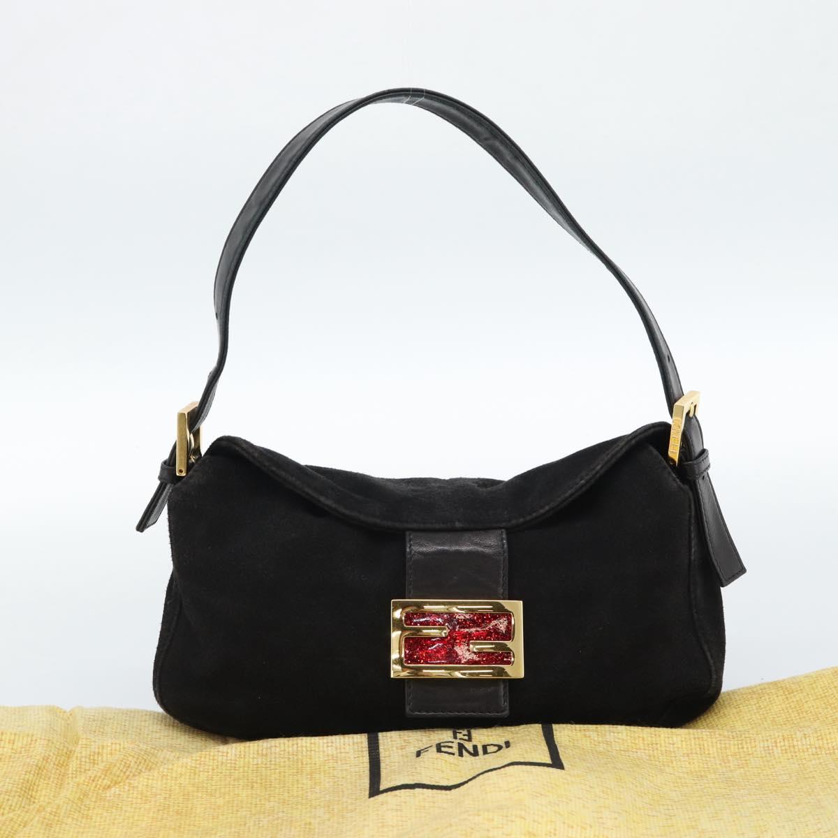FENDI Mamma Baguette Shoulder Bag Suede Black Gold Auth 185631SAM