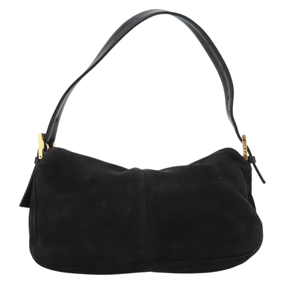 FENDI Mamma Baguette Shoulder Bag Suede Black Gold Auth 185631SAM